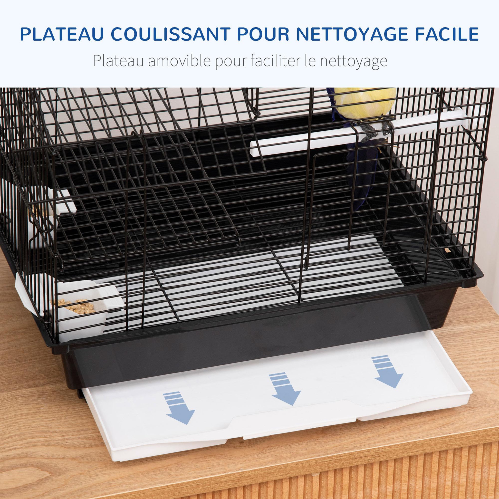 Voir la diapositive 5 : PAWHUT Cage à oiseaux design maison mangeoires perchoirs balançoire 2 portes plateau excrément amovible + poignée transport métal noir