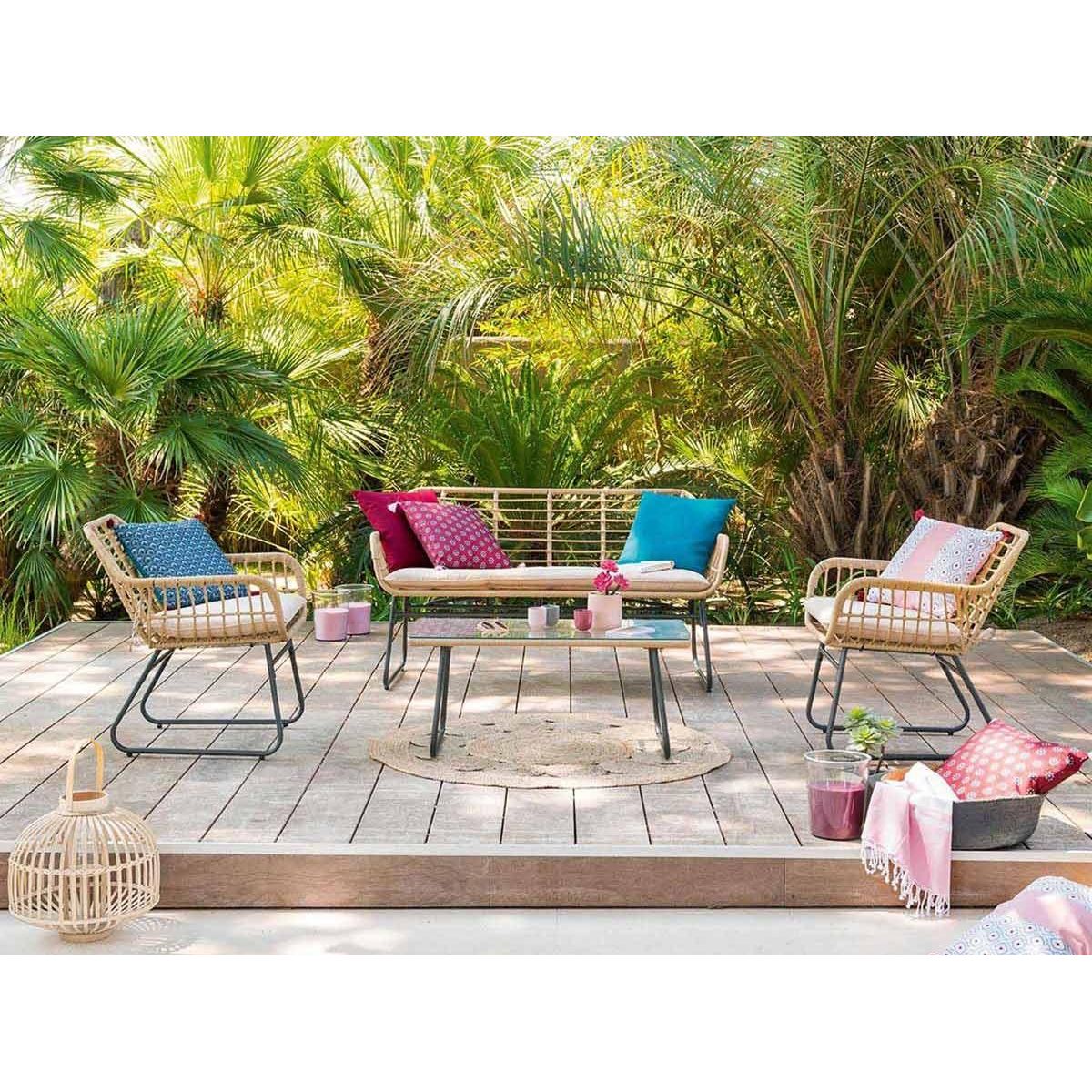 HESPERIDE Salon de jardin en résine tressée Lambada Sésame avec table basse rectangulaire - 4 places - Hespéride