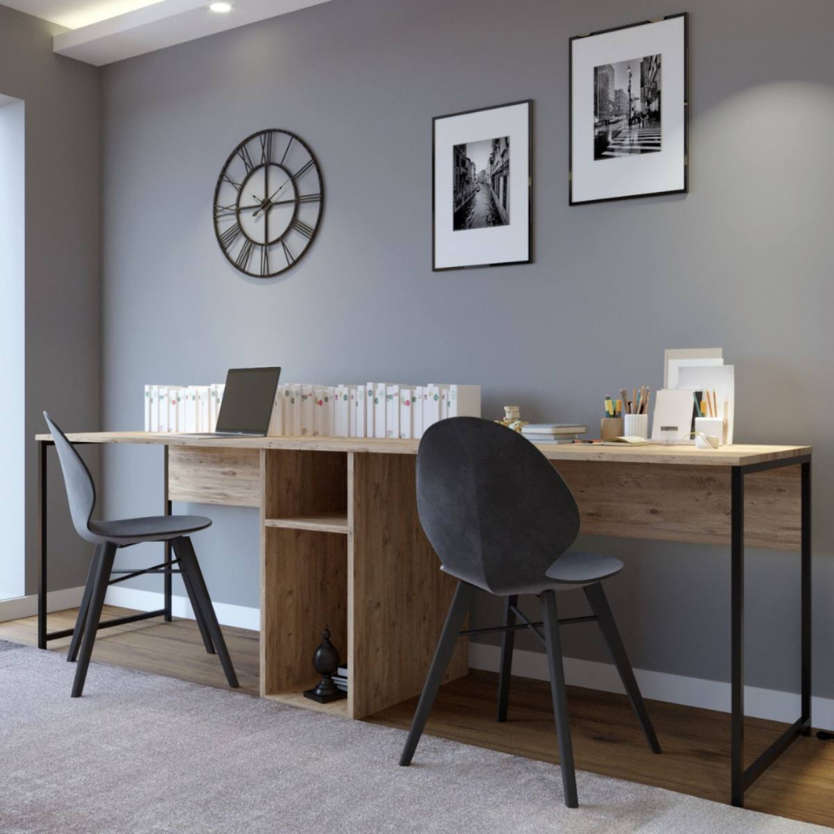 CONCEPT USINE Bureau 2 personnes en bois avec niches KILI