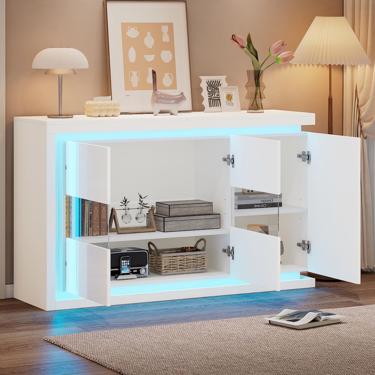 MERAX Buffet 3 porte(s) 0 tiroir(s) - 140 cm blanc led panneau de particules