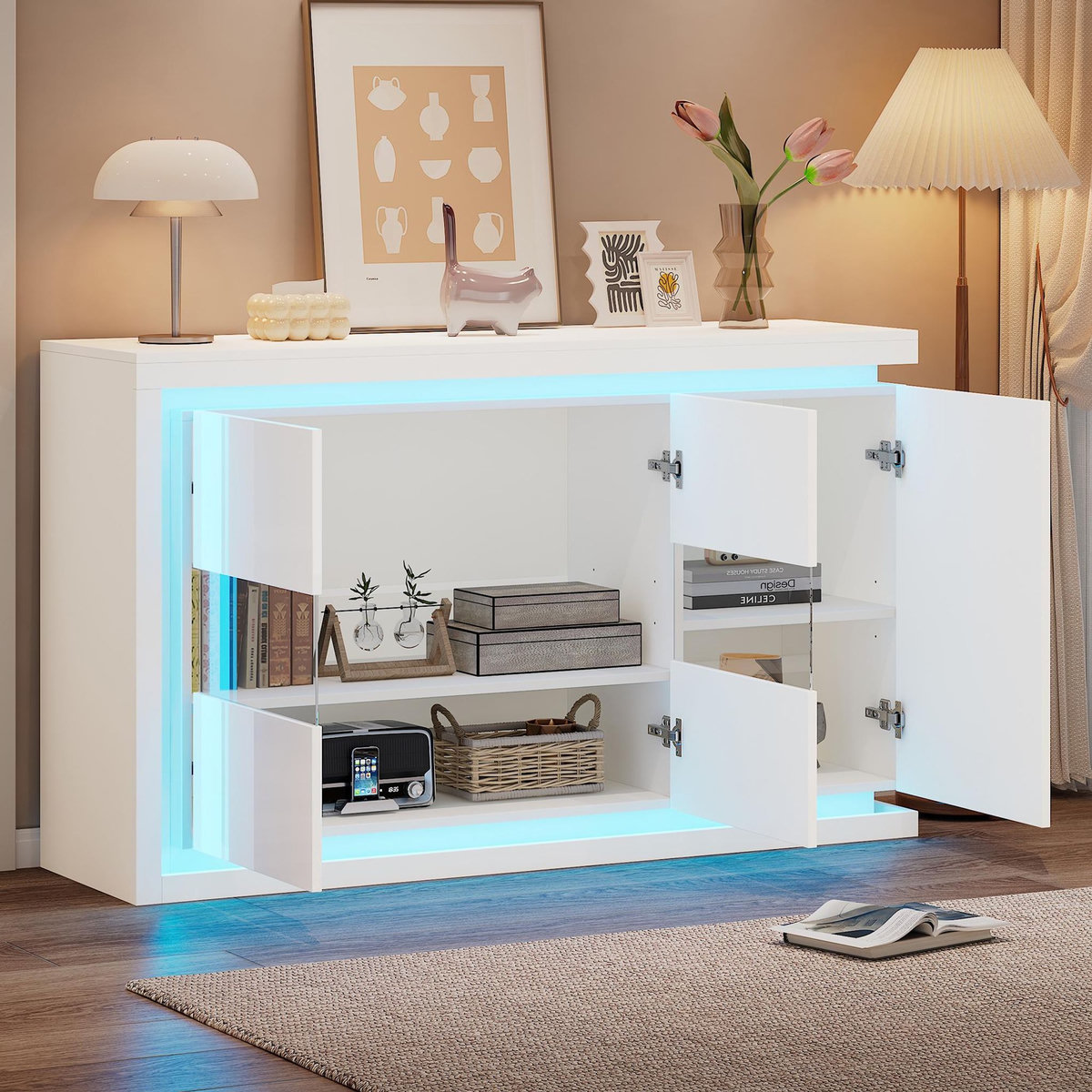 MERAX Buffet 3 porte(s) 0 tiroir(s) - 140 cm blanc led panneau de particules
