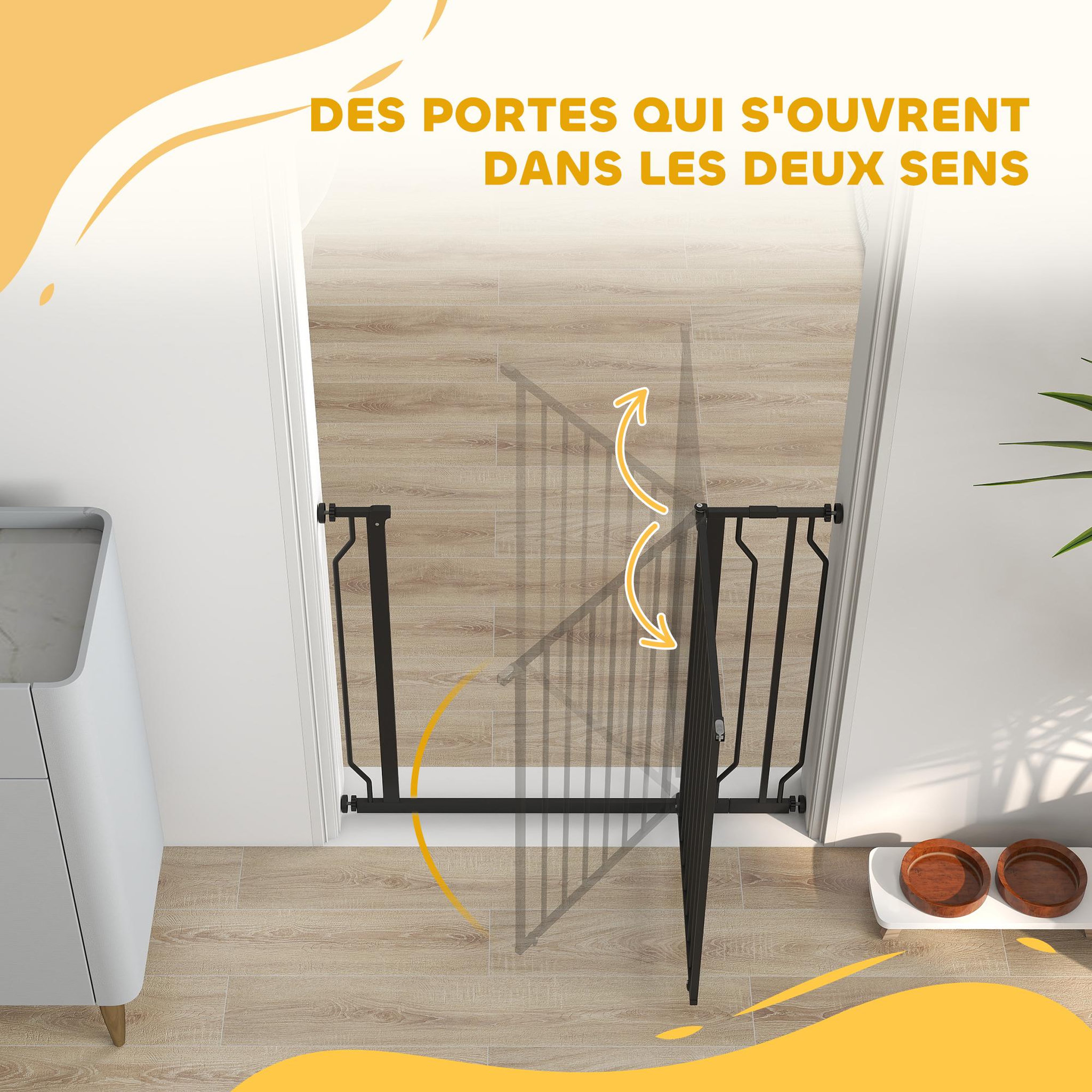 Voir la diapositive 6 : PAWHUT Barrière de sécurité chien réglable 75-95 cm - porte verrouillable - sans perçage - acier abs noir
