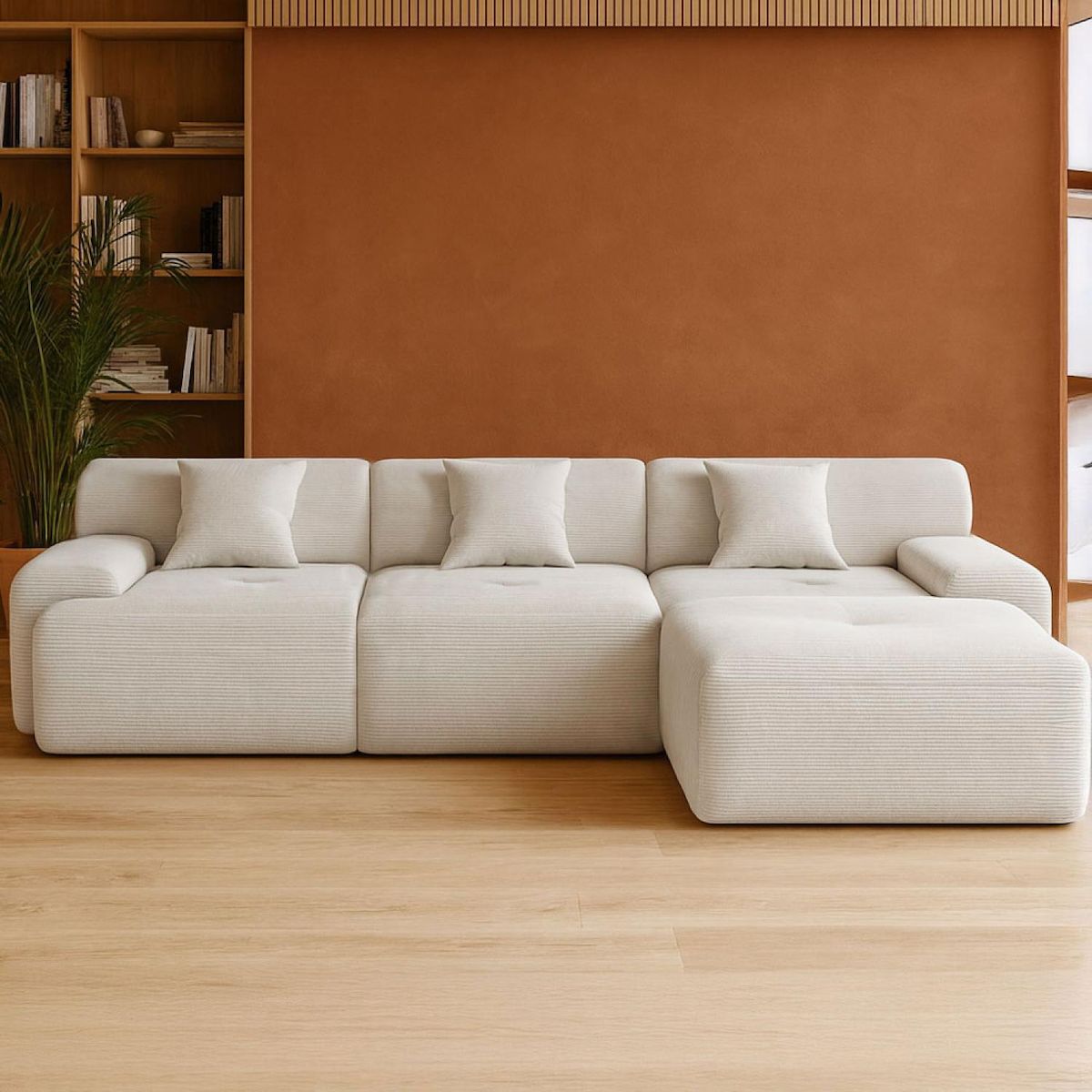 CONCEPT USINE Canapé d'angle 5-6 places avec méridienne modulable en velours côtelé beige SHEFFIELD