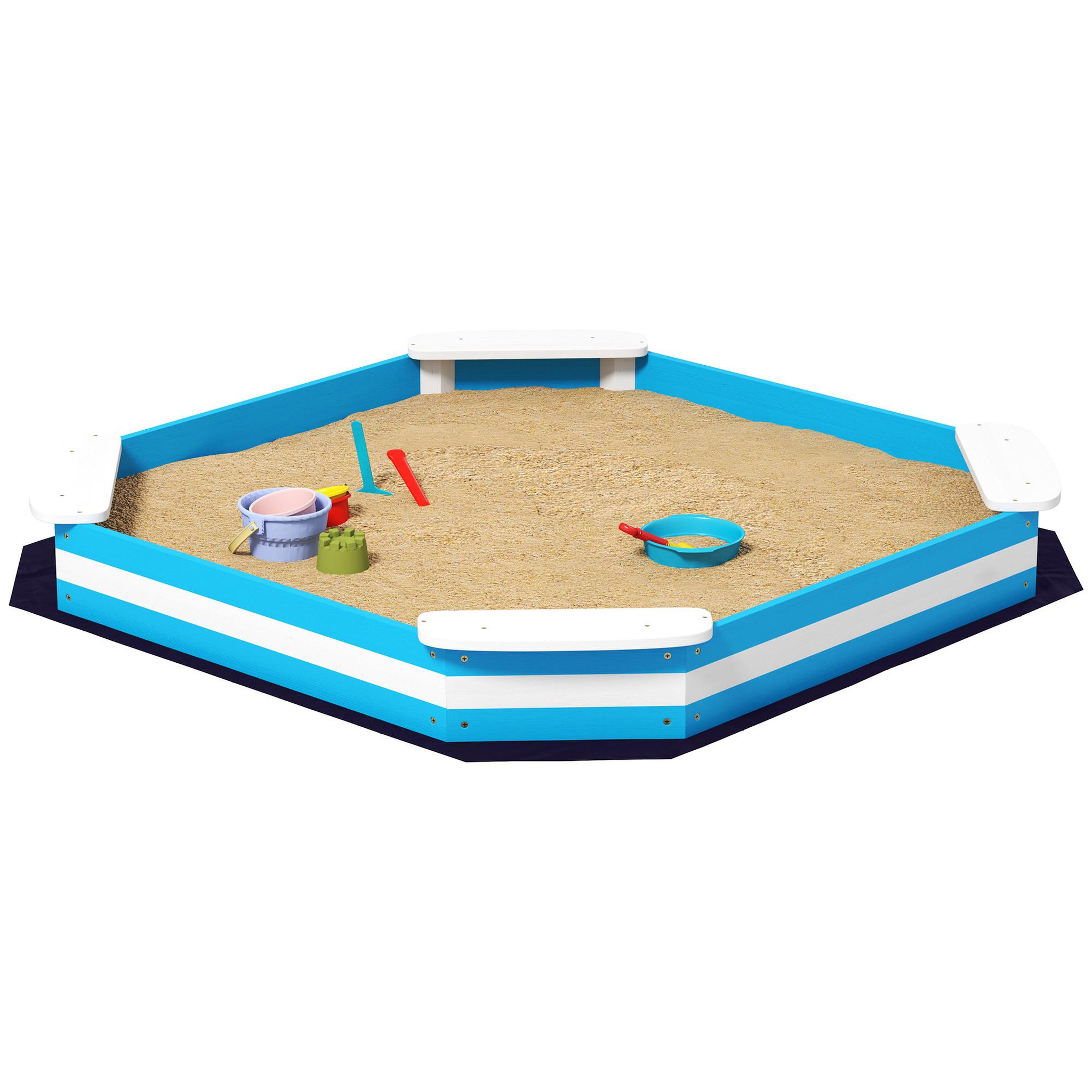 Voir la diapositive 2 : HOMCOM Bac à sable enfant 3-6 ans en bois - 4 sièges, doublure de fond - dim. 133 x 133 x 16 cm - bleu blanc