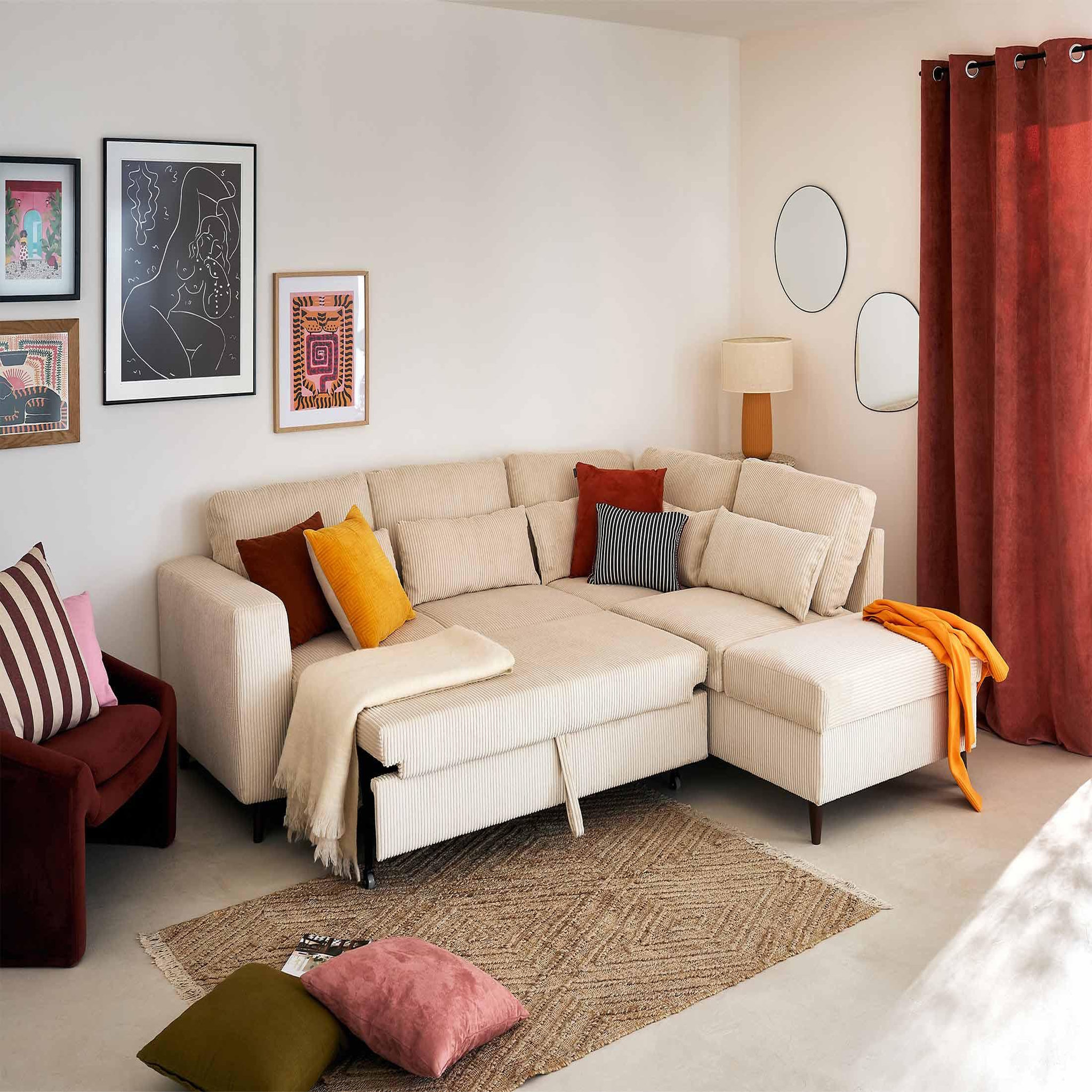 Voir la diapositive 2 : BEST MOBILIER Aubepine - canapé d'angle réversible 5 places - convertible avec coffre - en velours côtelé