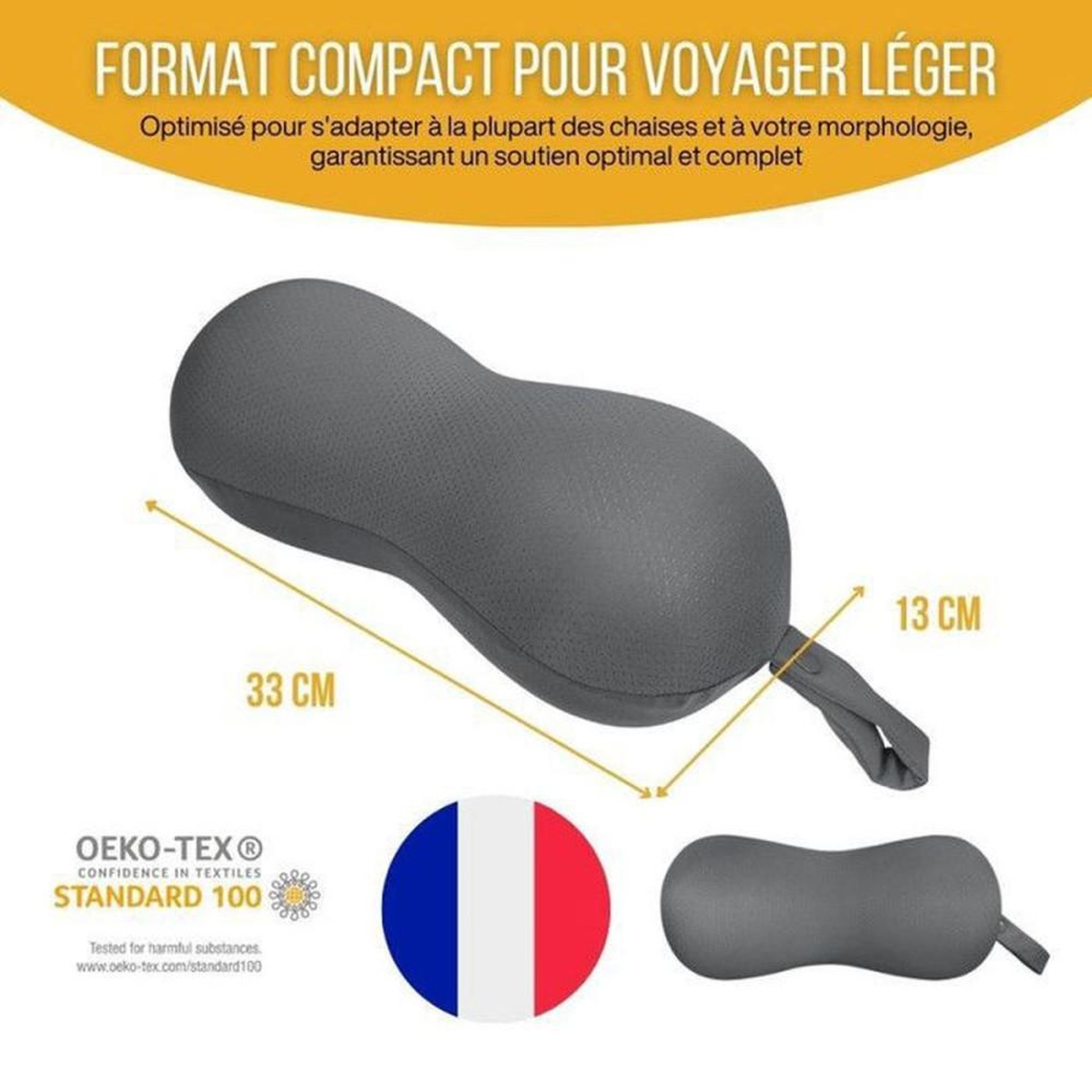 Voir la diapositive 5 : Coussin de cou de voyage en mousse à mémoire de forme gris foncé avec masque de sommeil, housse double face extensible amovible 33 x 13 cm