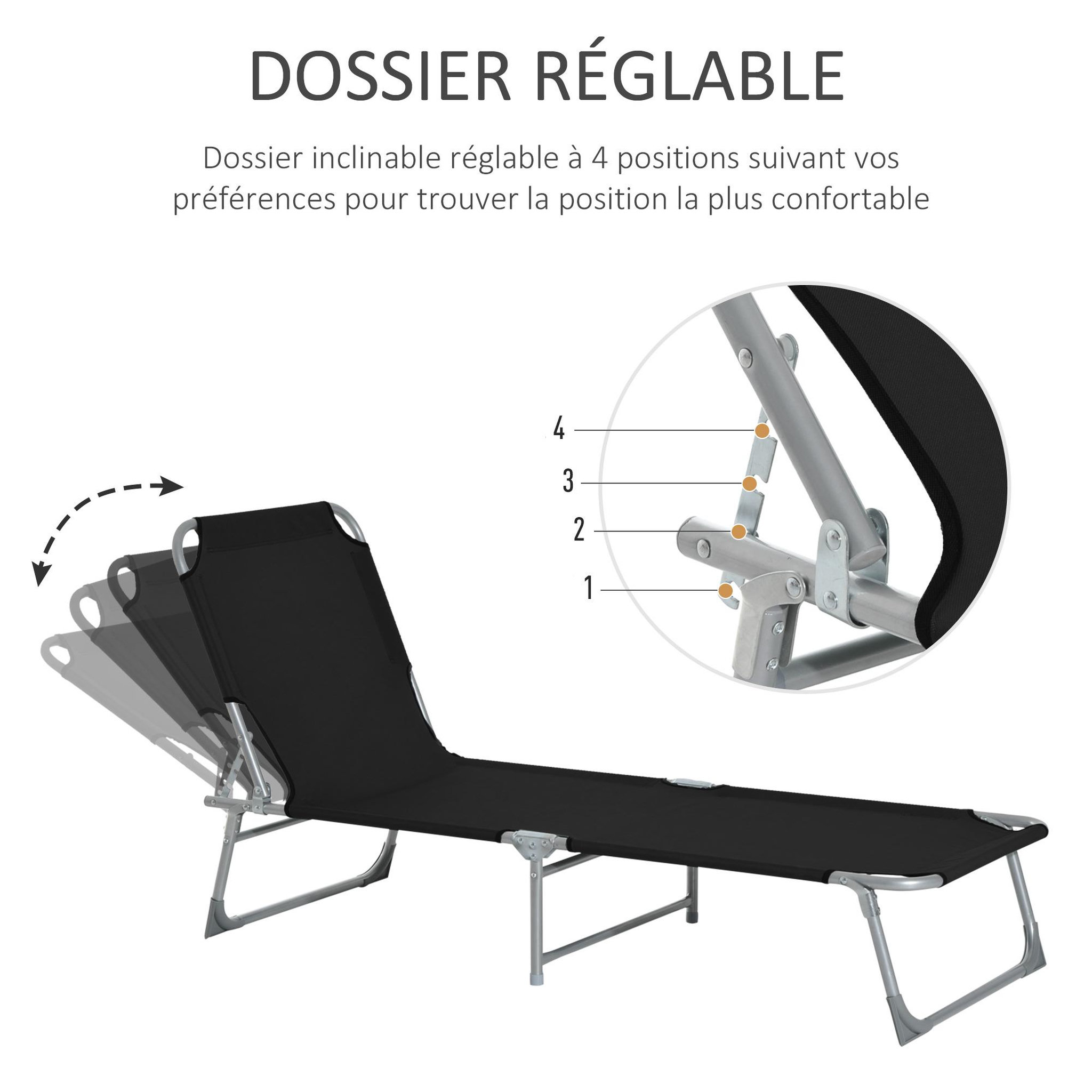 Voir la diapositive 4 : OUTSUNNY Bain de soleil transat pliable dossier réglable multipositions métal et polyester noir