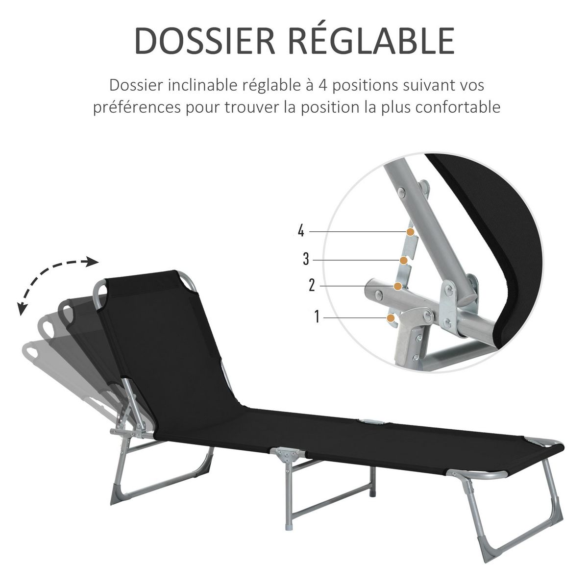 OUTSUNNY Bain de soleil transat pliable dossier réglable multipositions métal et polyester noir