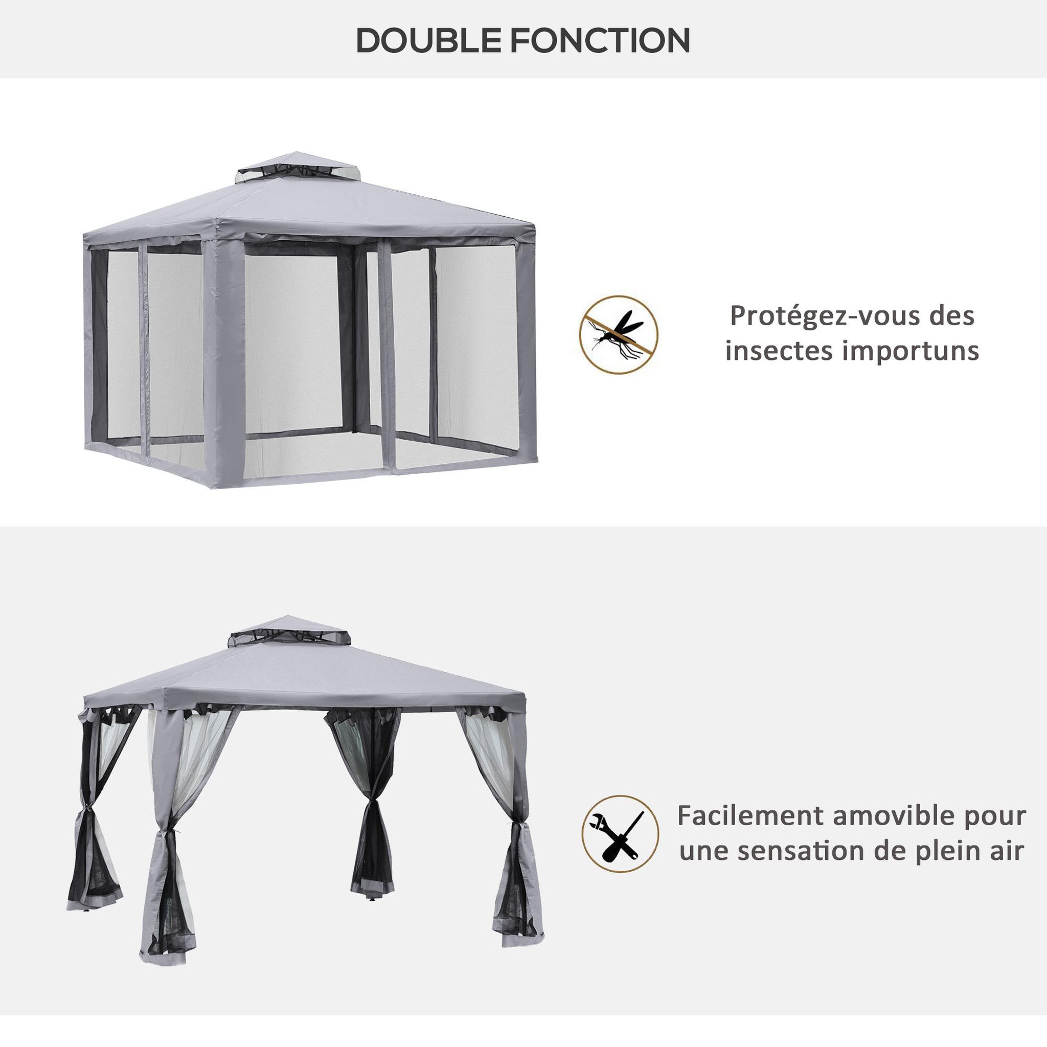 Voir la diapositive 4 : OUTSUNNY Pavillon de jardin tonnelle barnum style colonial double toit toiles moustiquaires amovibles zippées gris