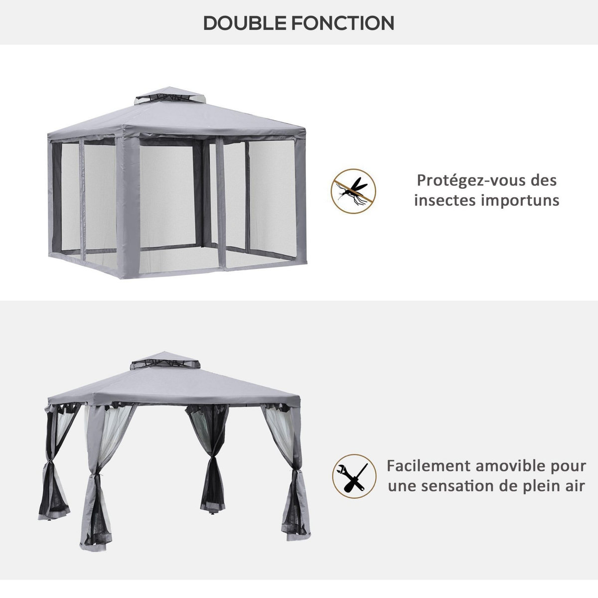 OUTSUNNY Pavillon de jardin tonnelle barnum style colonial double toit toiles moustiquaires amovibles zippées gris