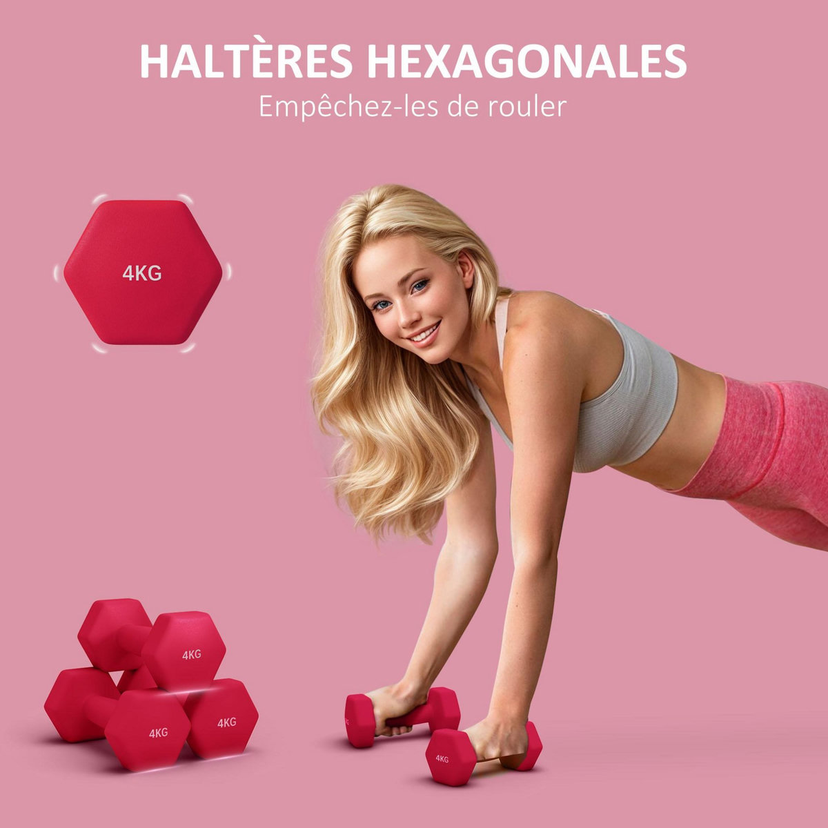 HOMCOM Lot de 2 haltères hexagonales 2 x 4 Kg - poignée antidérapante - métal PVC rouge