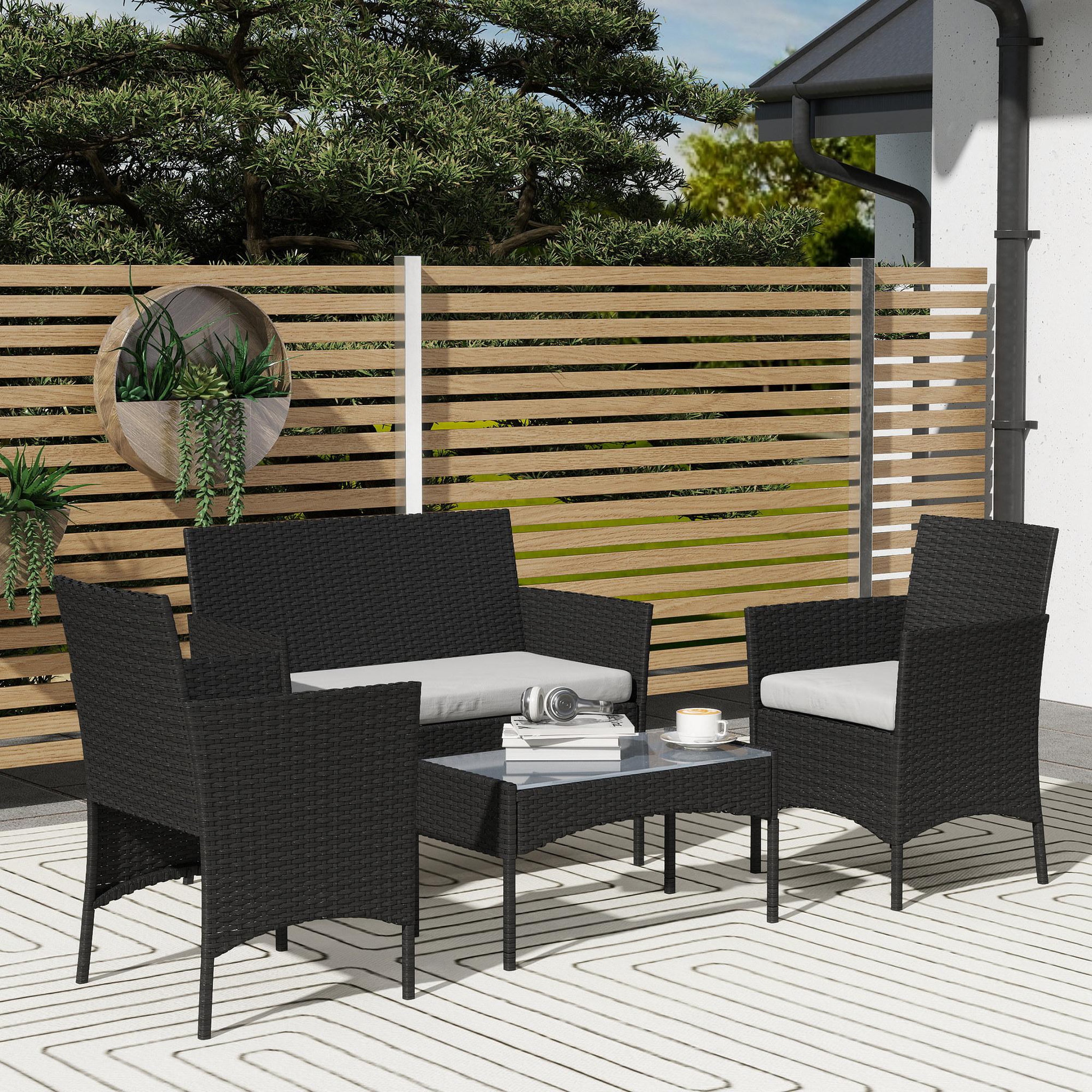 Voir la diapositive 4 : OUTSUNNY Ensemble salon de jardin 4 personnes 4 pièces résine tressée plateau verre trempé noir gris