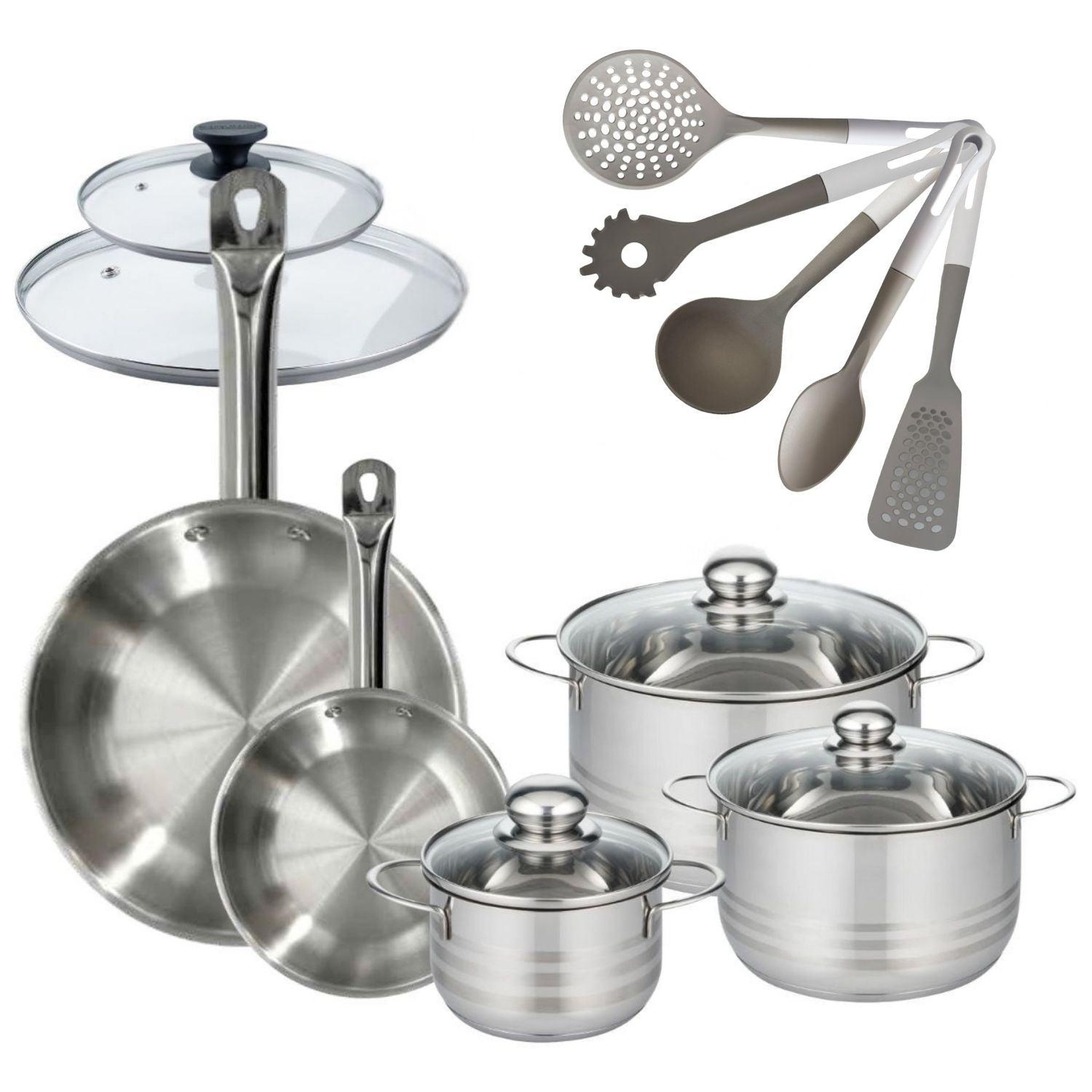 Fackelmann Batterie de cuisine avec 3 faitouts 16/20/24 cm et 2 poêles 20/28 cm avec 7 ustensiles de cuisine fackelmann etherna brillant vario avec couvercles