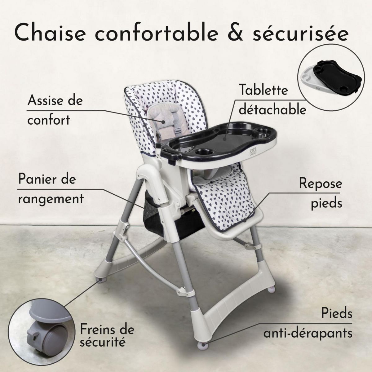 Monsieur Bébé Chaise haute bébé pliable réglable hauteur dossier tablette - Ptit