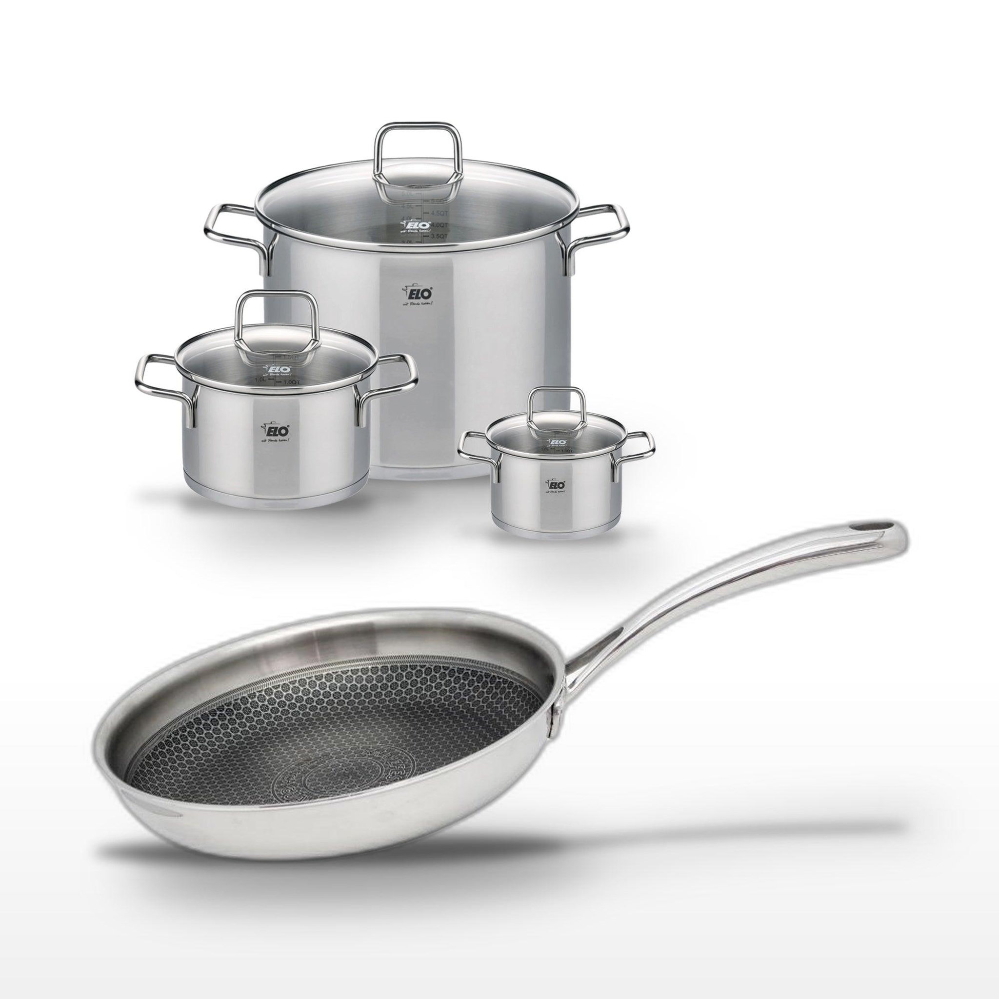 ELO Lot de 3 faitouts 14/20/26cm et poêle 24cm en inox elo relief evolution