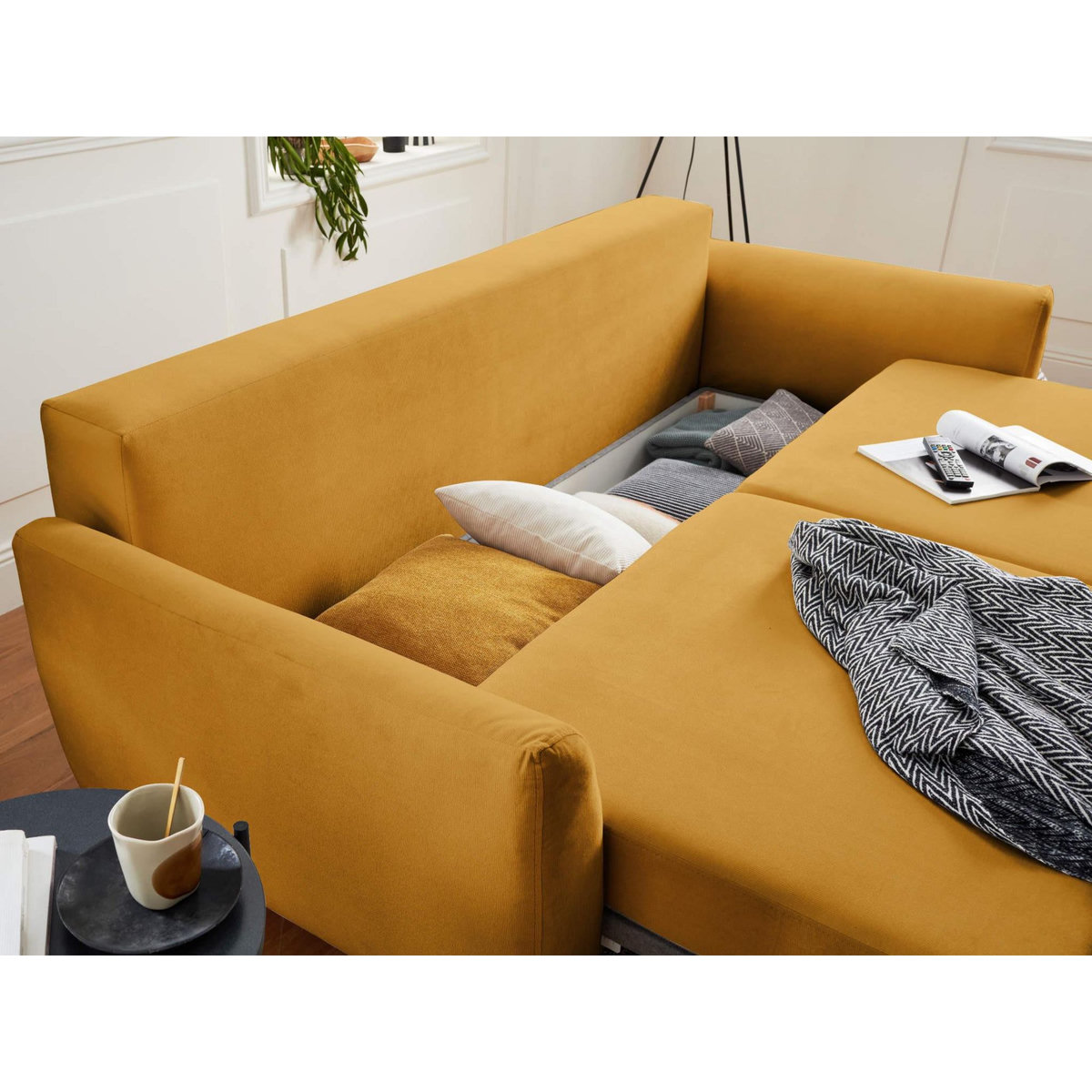 LISA DESIGN Nils - canapé droit 3 places convertible - avec coffre de rangement - velours