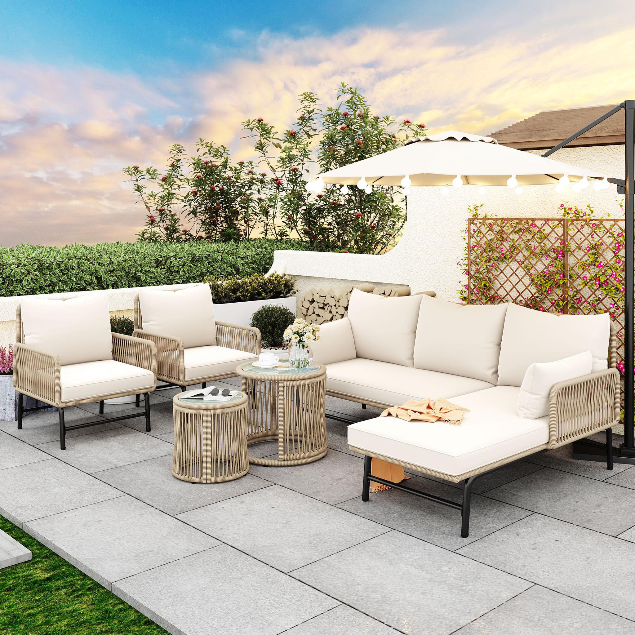 Voir la diapositive 2 : MERAX Salon de jardin 6 places en fer avec 2 fauteuils, 2 canapés, 2 tables, coussins, beige