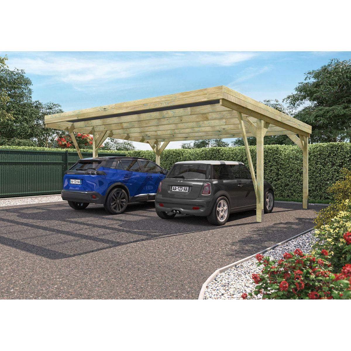 Forest Style Carport toit plat - Bois traité autoclave - 2 voitures - 30,9 m² - VICTOR DESIGN