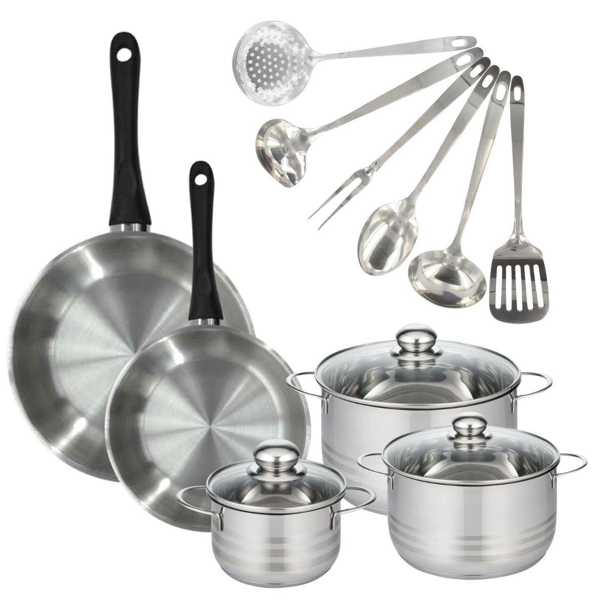 Fackelmann Batterie de cuisine avec 2 poêles 24/28 cm et 3 faitouts 16/20/24 cm avec 6 ustensiles de cuisine sans pfas fackelmann généva brillant oxford