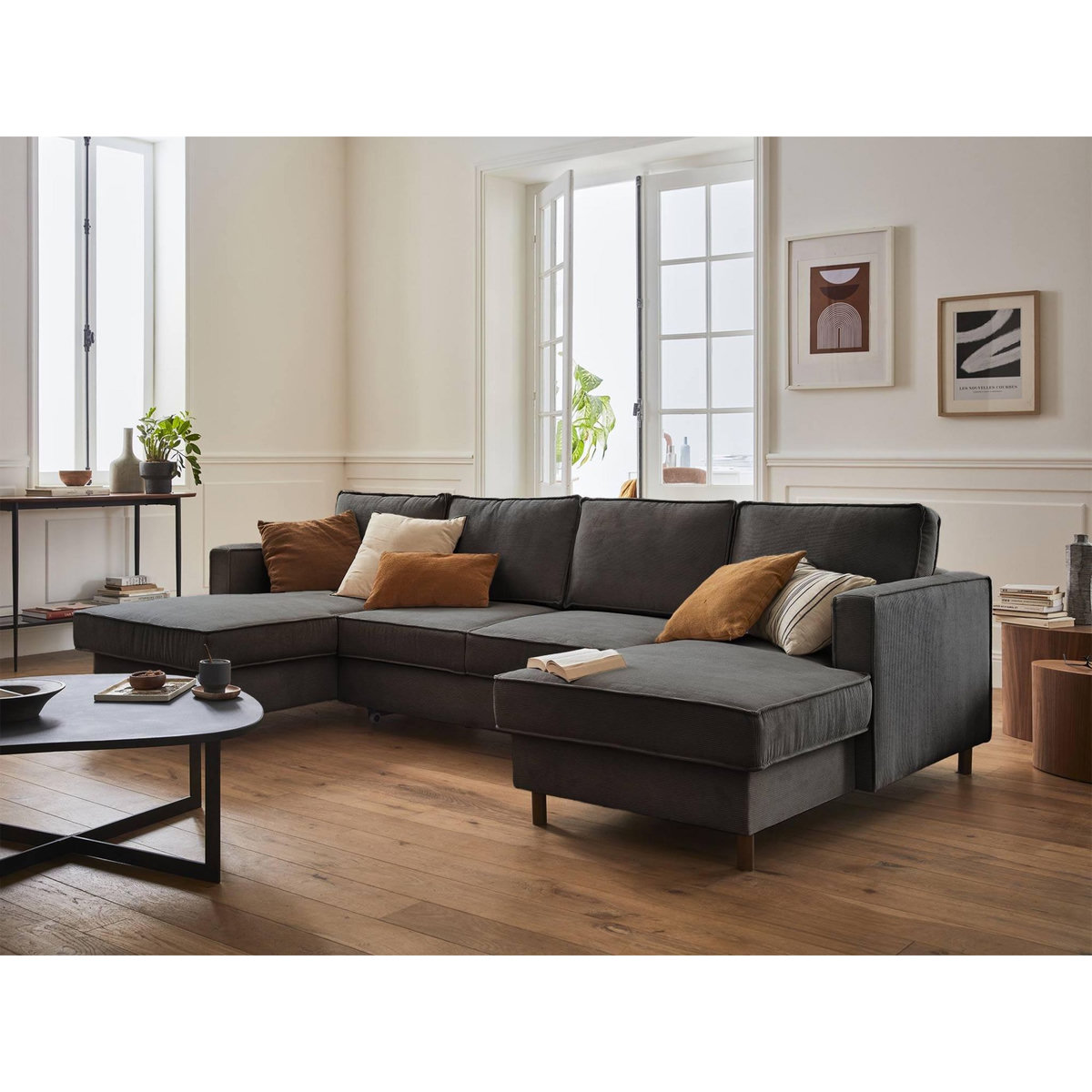 LISA DESIGN Jake - canapé panoramique en u - 7 places - convertible avec coffre - en velours côtelé