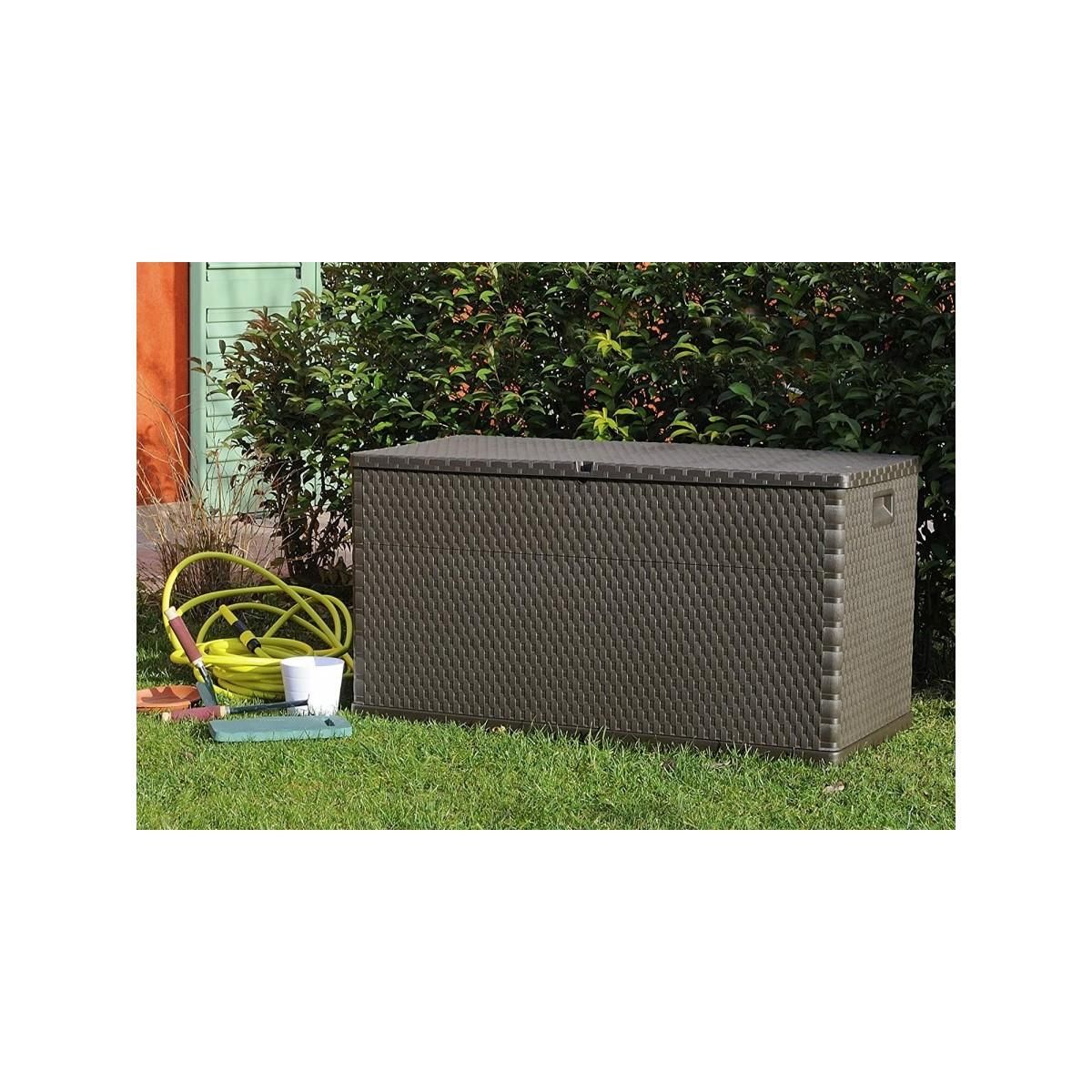 PLASTAMECCANICA Coffre de jardin en résine 420 Litres Marron Effet ROTIN 120 x 57 x 63 cm TOOMAX