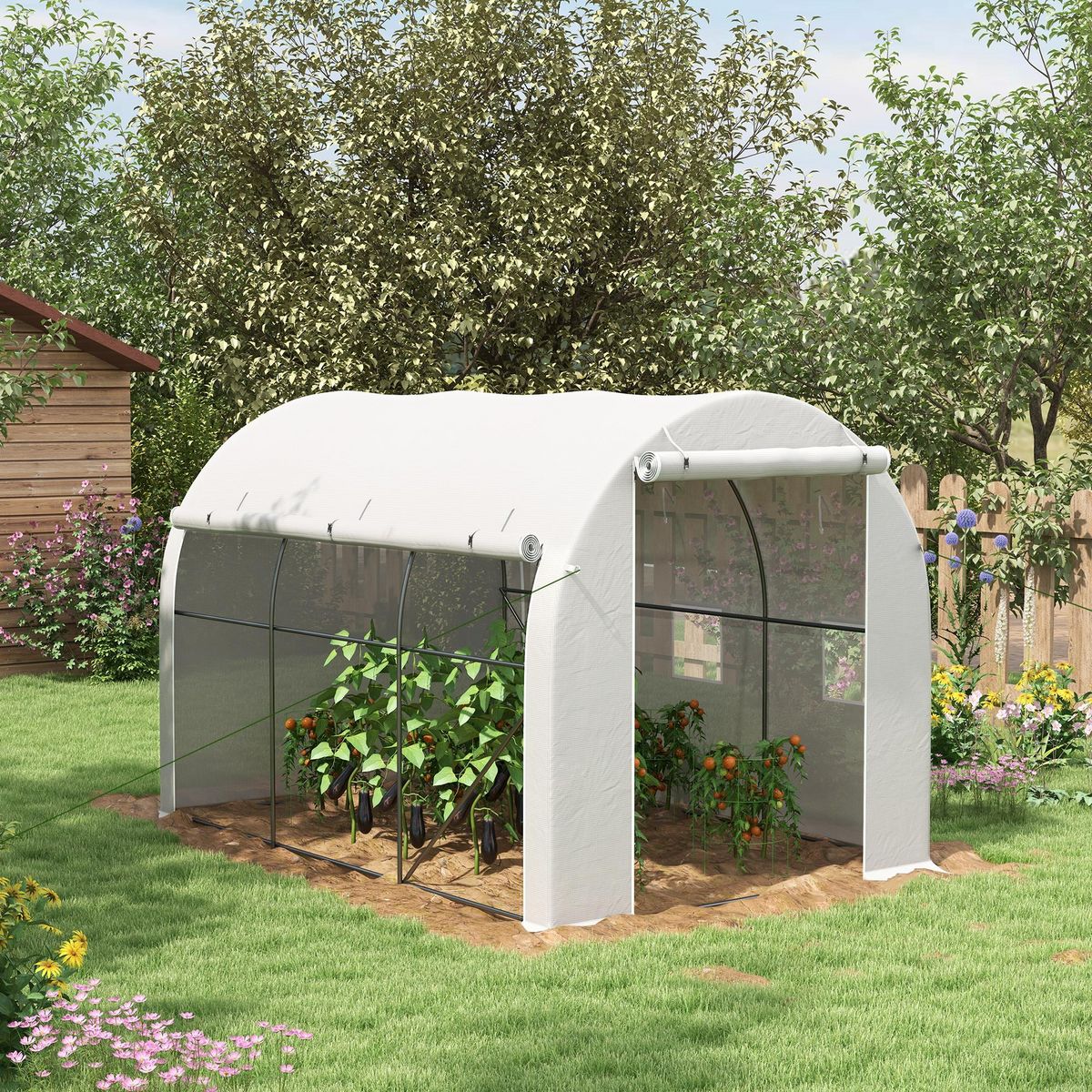 OUTSUNNY Serre de jardin tunnel 6 m² acier galvanisé renforcé dia. 1,9 cm bâche PE haute densité blanc