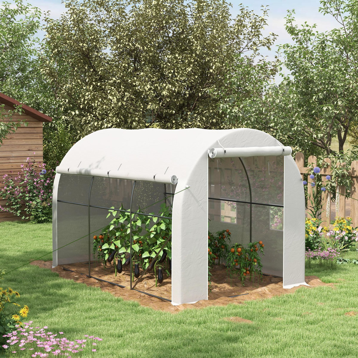 OUTSUNNY Serre de jardin tunnel 6 m² acier galvanisé renforcé dia. 1,9 cm bâche PE haute densité blanc