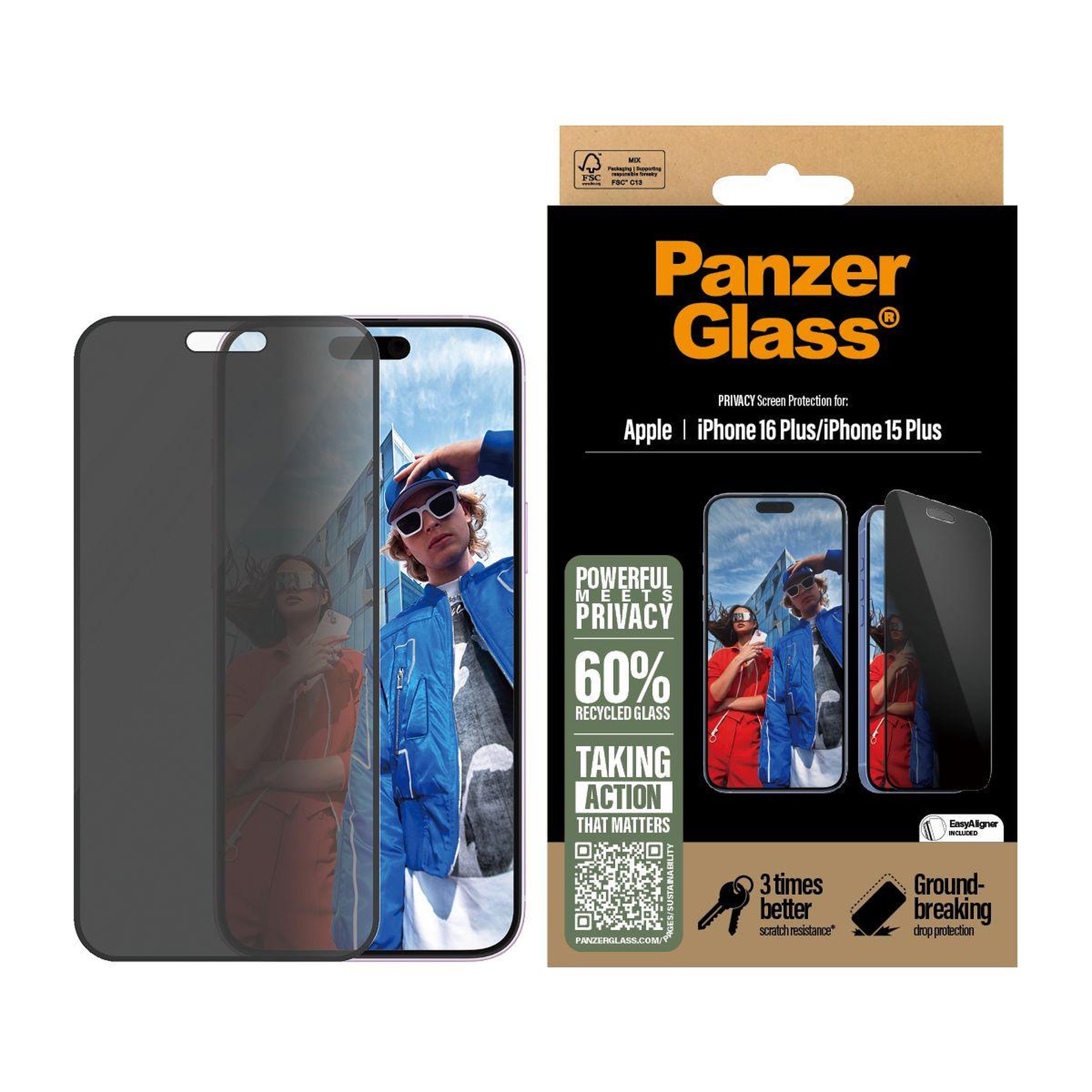 Voir la diapositive 2 : PANZERGLASS Protège écran iphone 16 plus privacy verre trempé