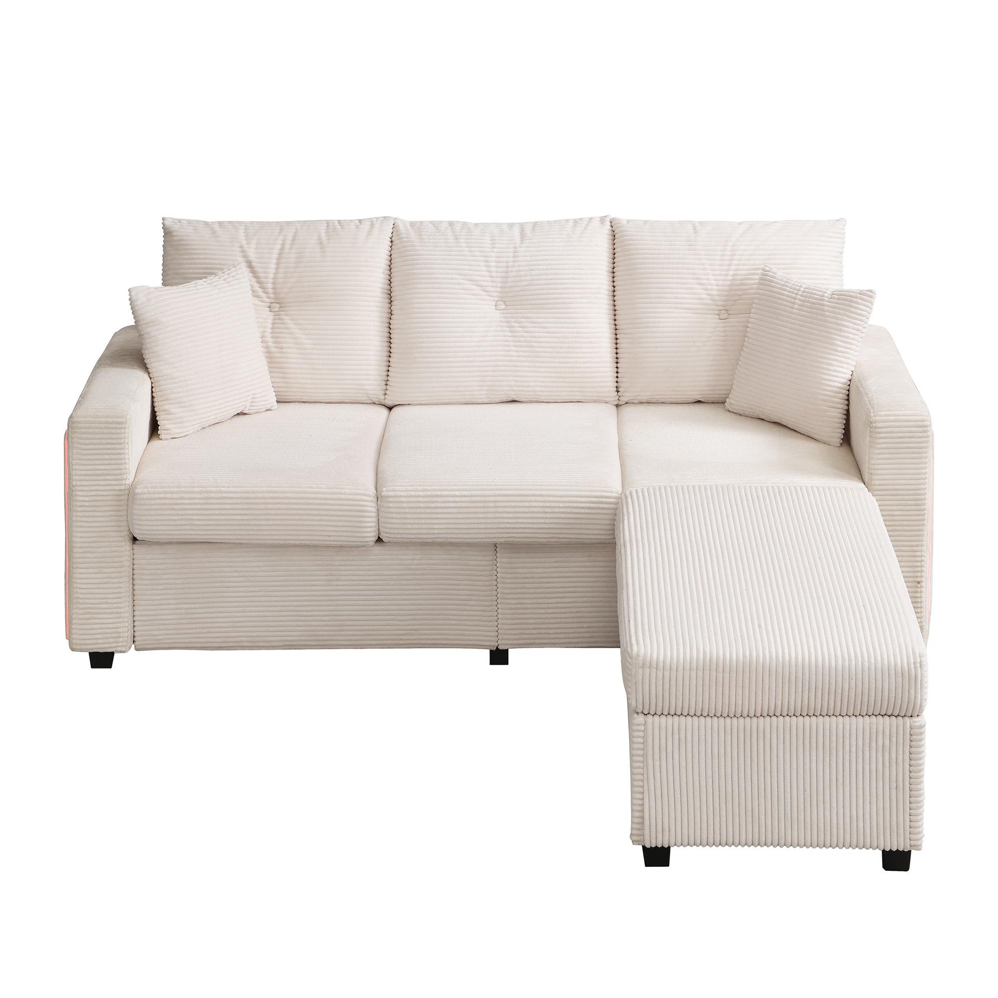 MERAX Canapé d‘angle réversible fixe 3 places tissu led. Coloris disponibles : Beige, Gris
