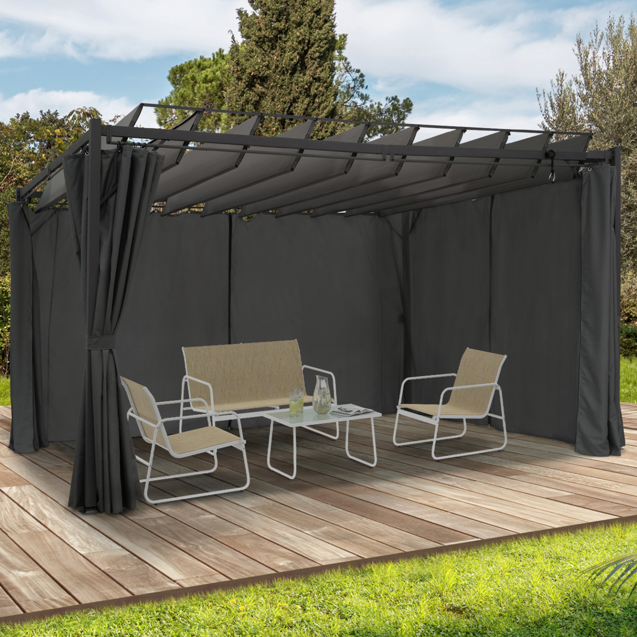 Voir la diapositive 2 : ID MARKET Pergola édition suprem lames orientables 3x4 m et 4 rideaux gris anthracite