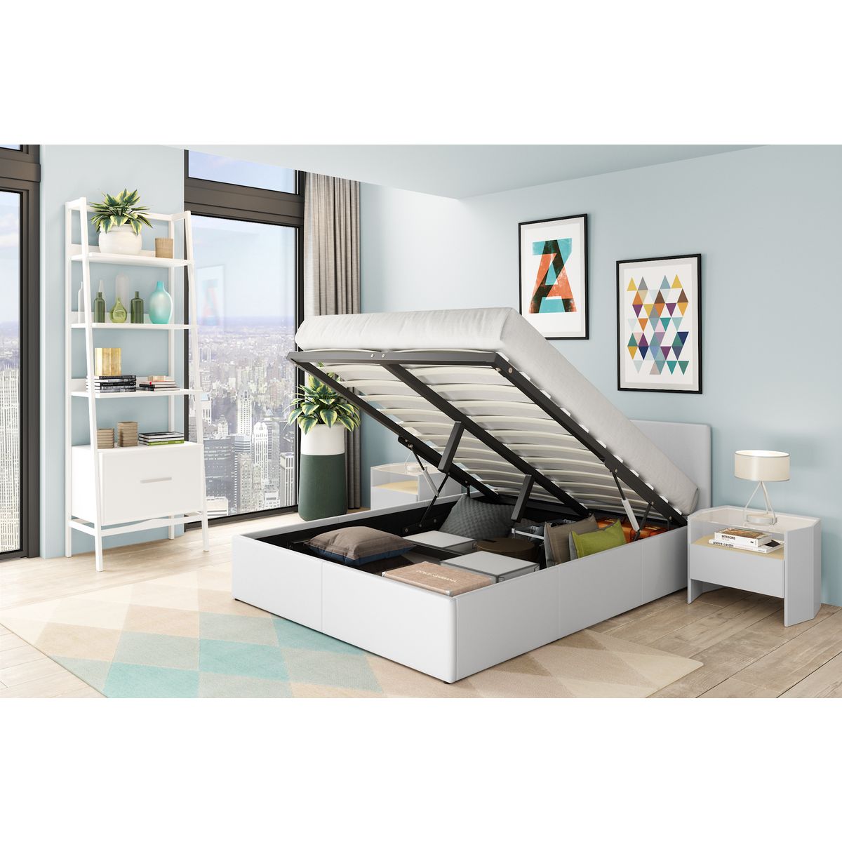 Ensemble matelas 160x200cm + Lit coffre 160x200cm sommier inclus avec tête de lit WILLOW blanc