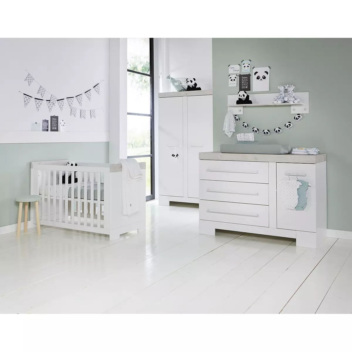 TWF Chambre complète lit bébé 60x120 - commode à langer - armoire 2 portes Futura - Blanc Gris
