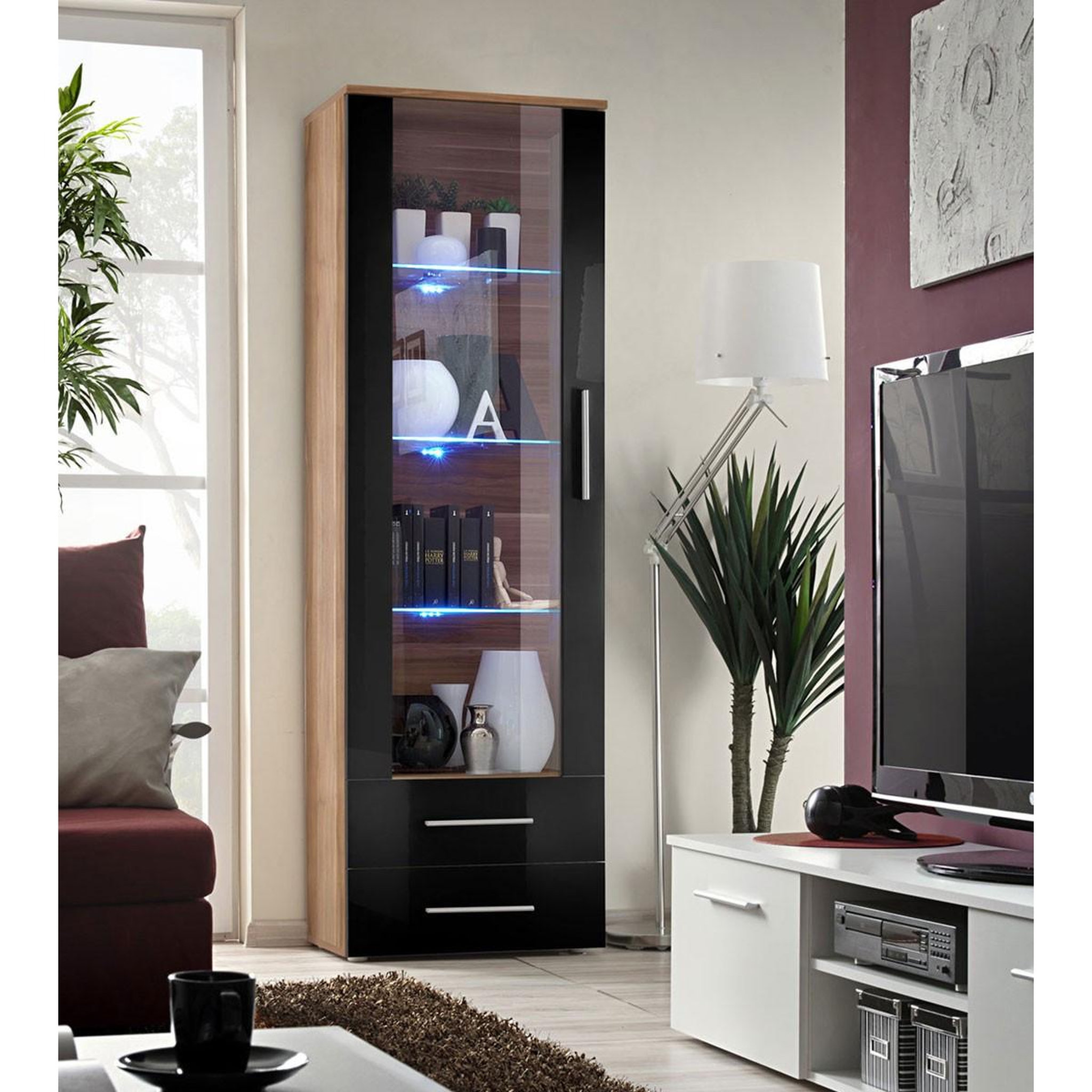 Paris Prix Vitrine led design  neo  190cm prunier & noir brillant