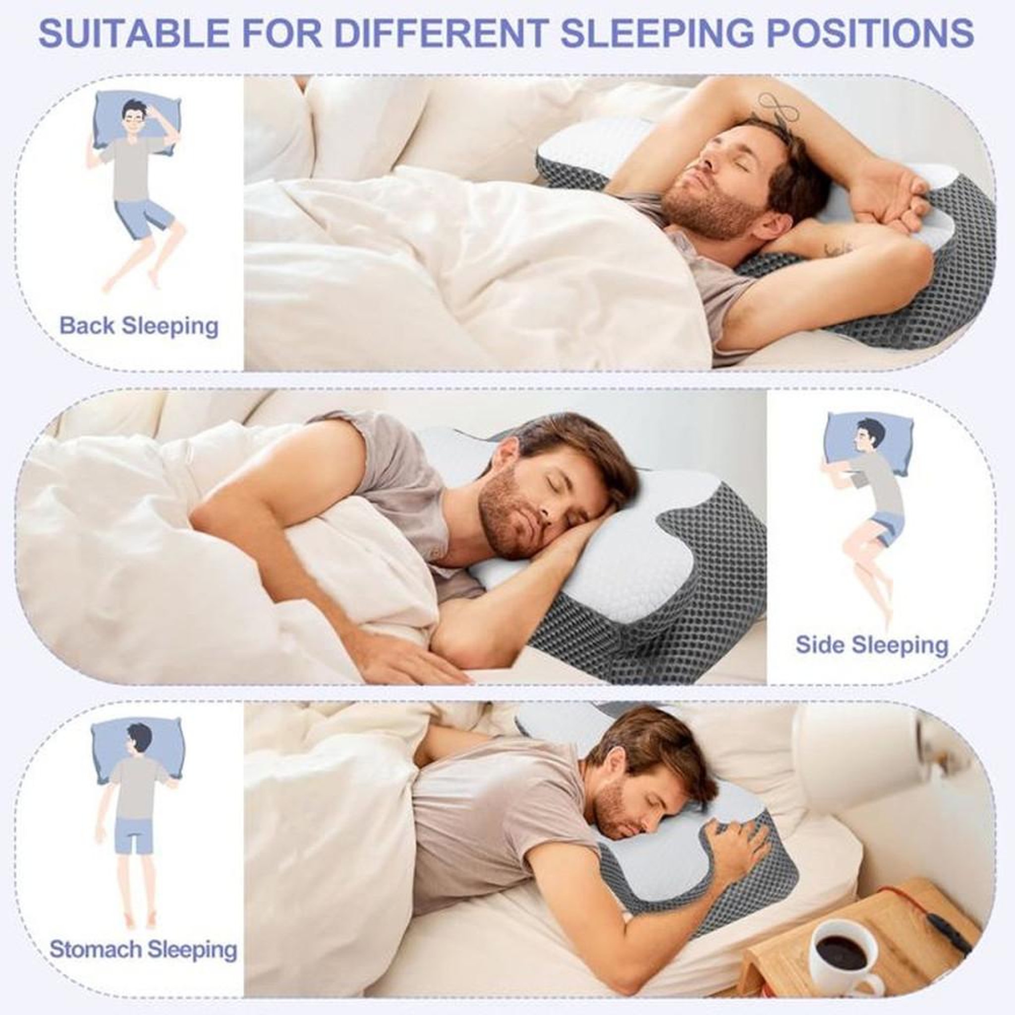 Voir la diapositive 5 : Oreiller cervical ergonomique en mousse à mémoire de forme haute densité, soutien profilé pour nuque et épaules (60 x 34 x 10/13 cm), blanc et gris foncé