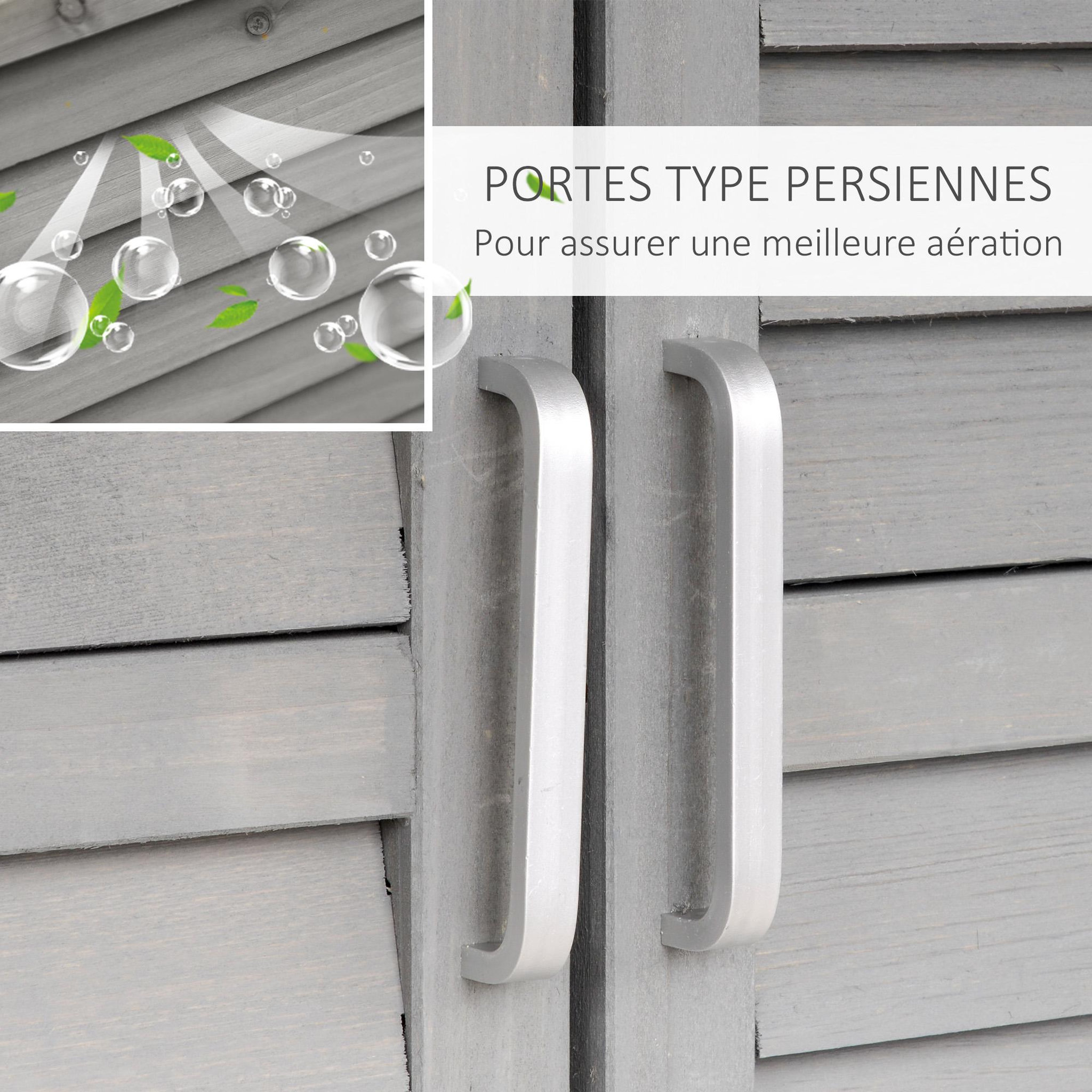 Voir la diapositive 5 : OUTSUNNY Armoire de jardin abri jardin remise pour outils sur pied dim. 87L x 46l x 96H cm étagère portes persiennes toit bitumé bois sapin autoclave gris