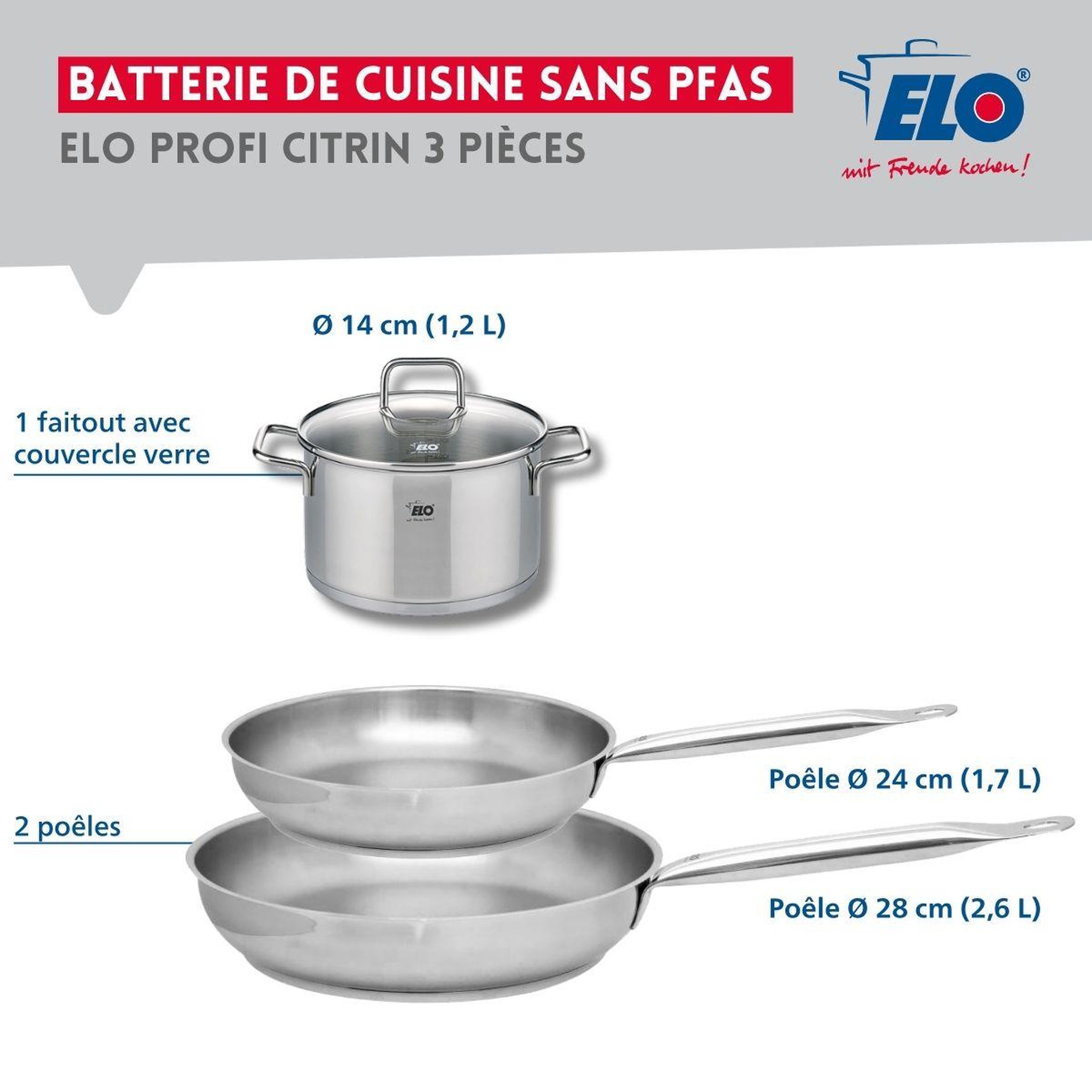 Voir la diapositive 2 : ELO Set de 2 poêles de cuisson 24 et 28 cm et 1 faitout 14 cm elo profi citrin