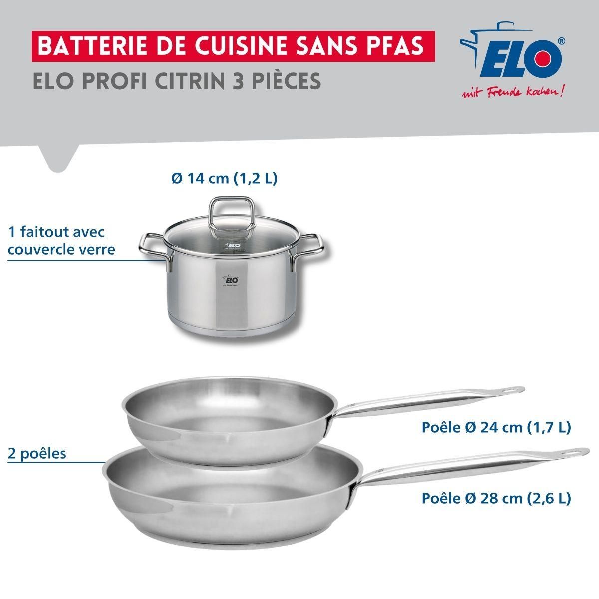 ELO Set de 2 Poêles de cuisson 24 et 28 cm et 1 faitout 14 cm Elo Profi Citrin