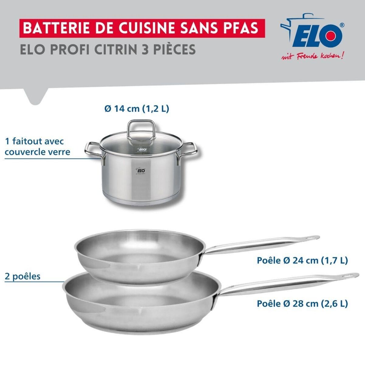 ELO Set de 2 Poêles de cuisson 24 et 28 cm et 1 faitout 14 cm Elo Profi Citrin