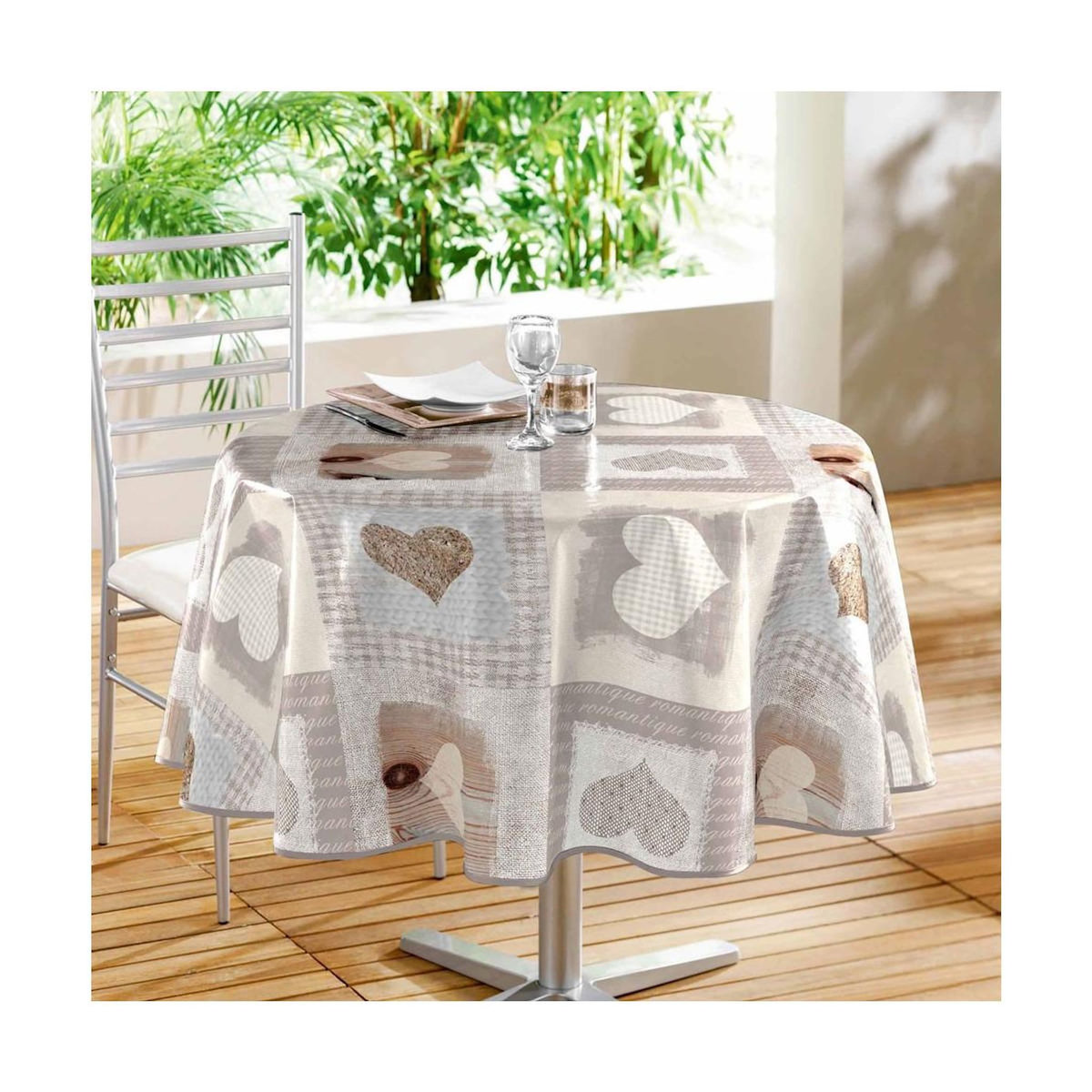 Paris Prix Nappe Ronde Toile Cirée  Cosy Coeur  160cm Gris