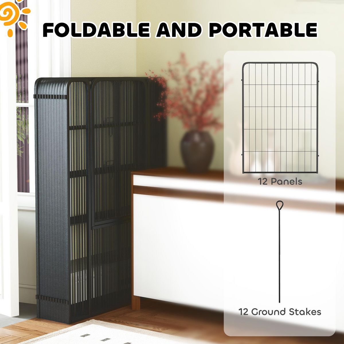 PAWHUT Parc enclos chien modulable pliable 12 panneaux porte verrouillable acier époxy noir