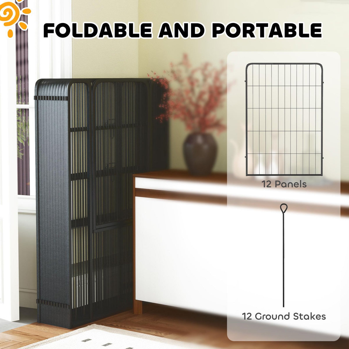 PAWHUT Parc enclos chien modulable pliable 12 panneaux porte verrouillable acier époxy noir