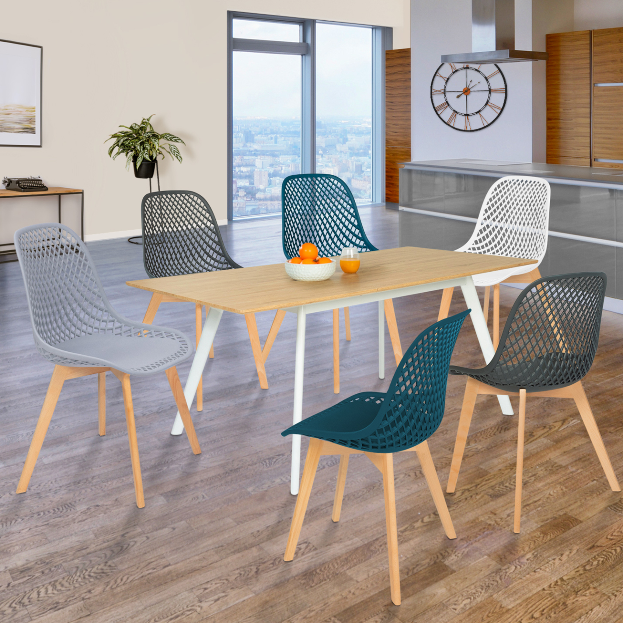 Voir la diapositive 2 : ID MARKET Lot de 6 chaises mandy mix color blanc, gris clair, bleu canard x2, gris foncé x2