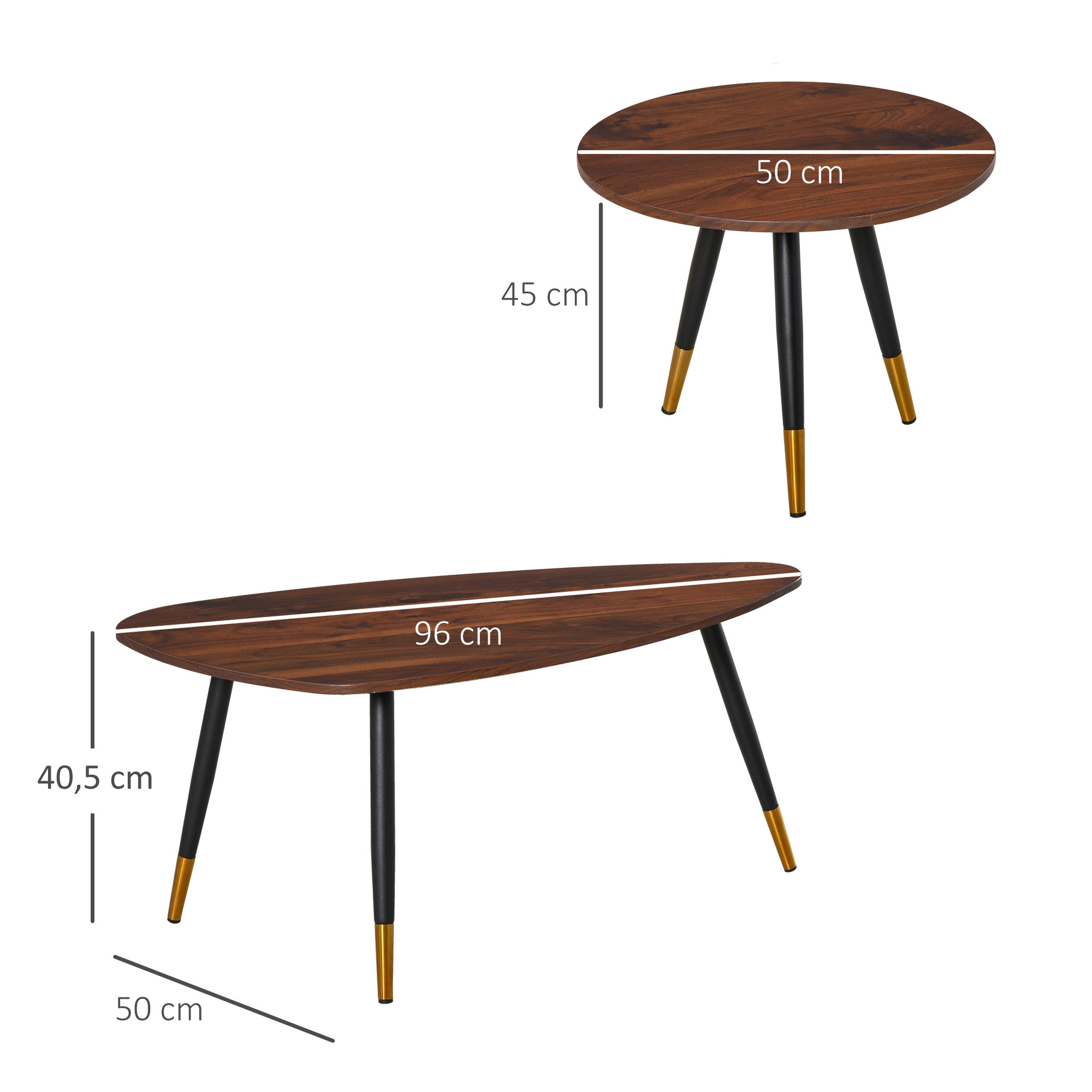 Voir la diapositive 5 : HOMCOM Lot de 2 tables basses gigognes style art déco pieds effilés inclinés métal noir extrémités doré plateaux MDF aspect teck foncé