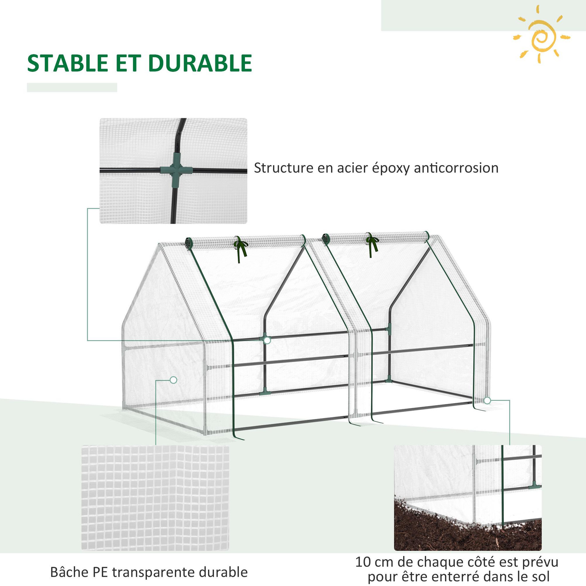 Voir la diapositive 6 : OUTSUNNY Serre de jardin tunnel 2,5l x 1l x 0,8h m grande porte zippée bâche pvc transparent métal époxy vert