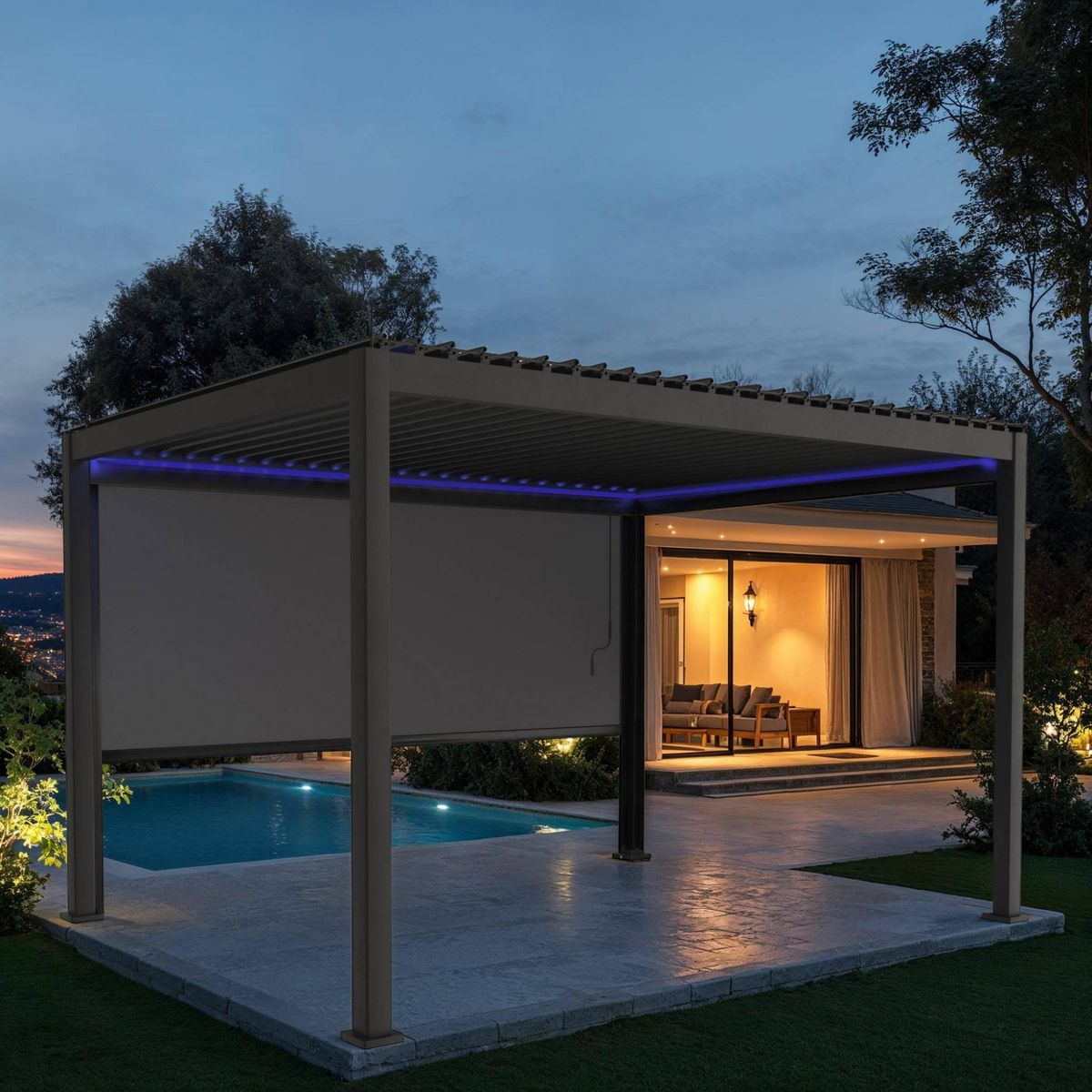 SWEEEK Pergola bioclimatique électrique 3x4m. aluminium. à lames orientables avec éclairage LED + store 3m