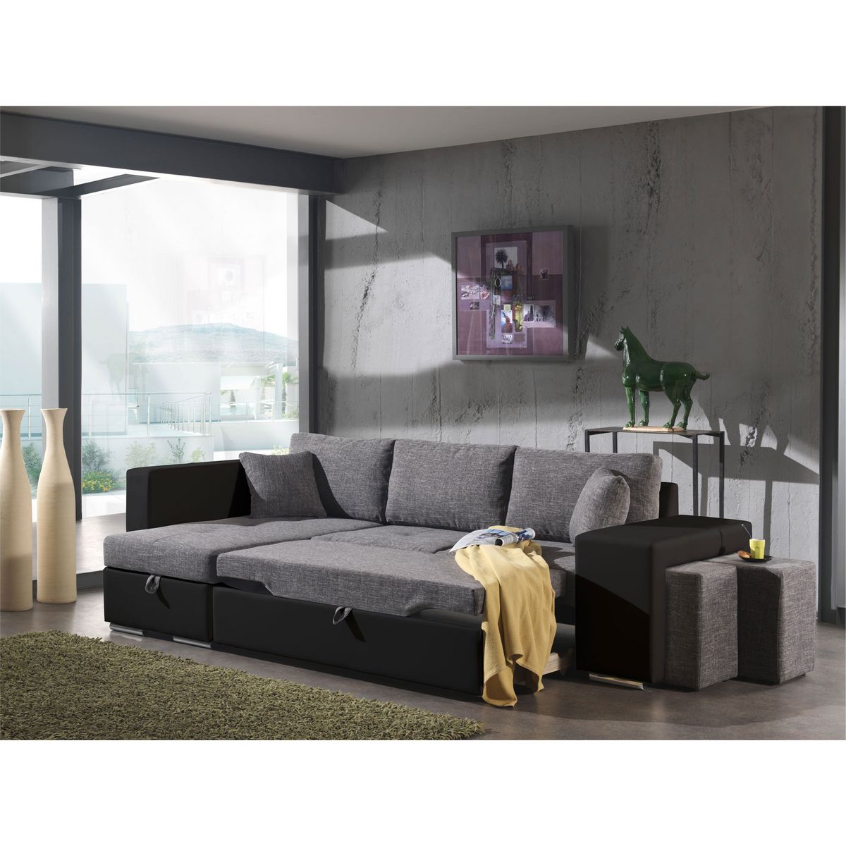 Canapé d'angle gauche convertible + 2 poufs RIGA