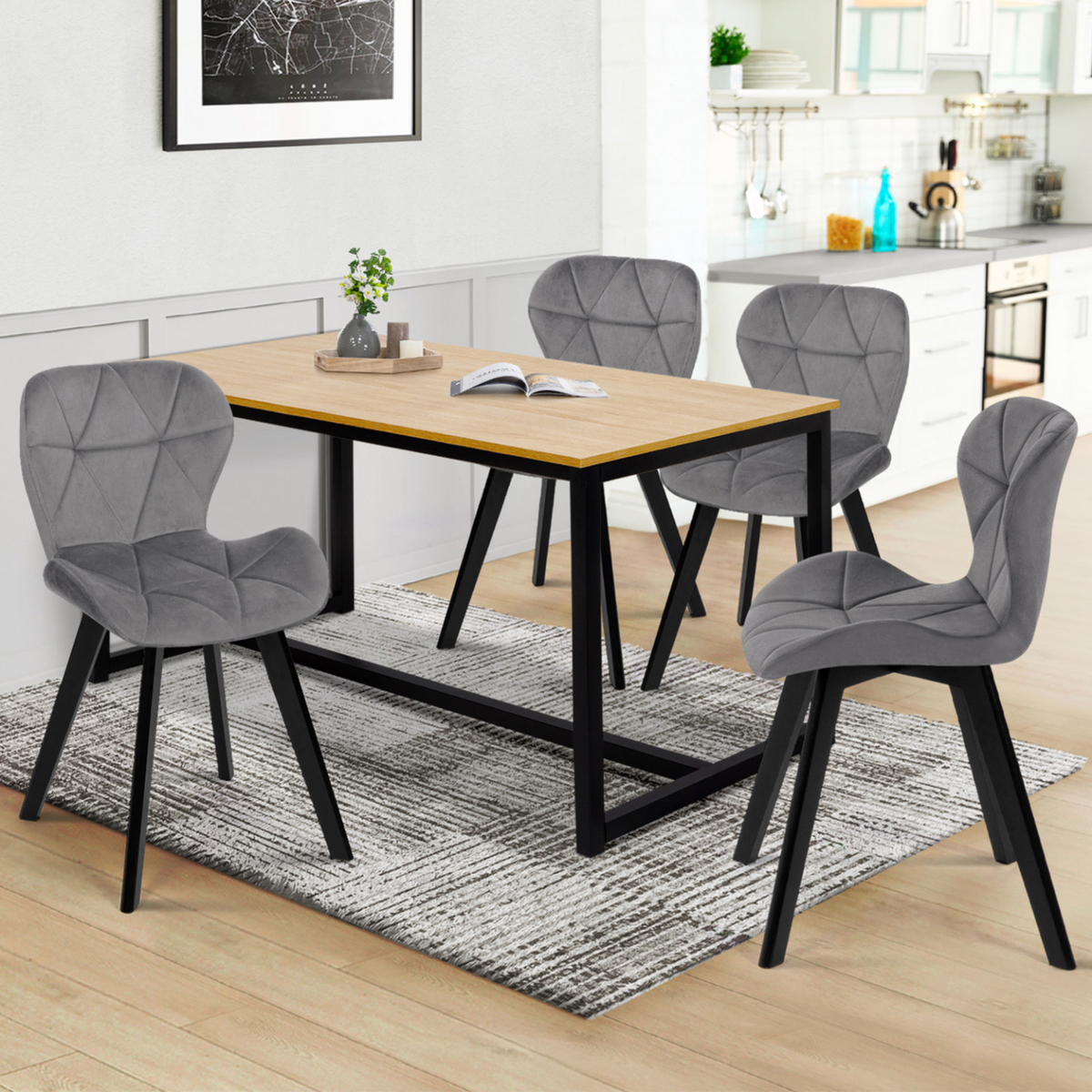 ID MARKET Lot de 4 chaises ROBINE en velours gris clair pieds noirs