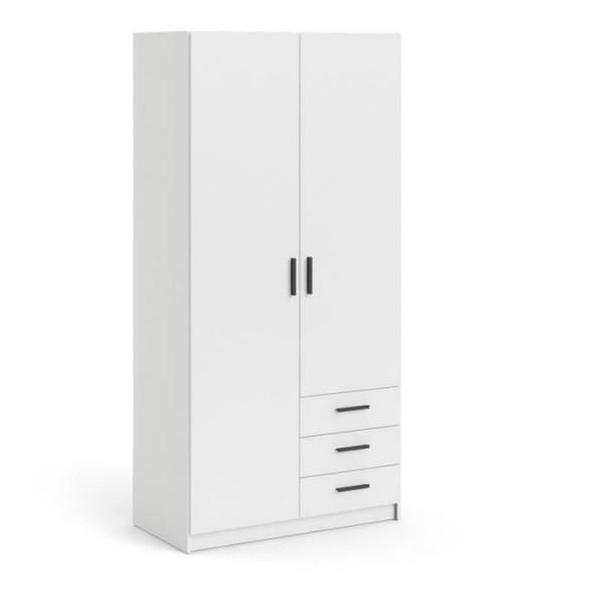 Voir la diapositive 1 : TVILUM Armoire VEGA - Décor Blanc mat - 2 portes + 3 tiroirs - L 98,5 x P 49,6 x H 200,4 cm