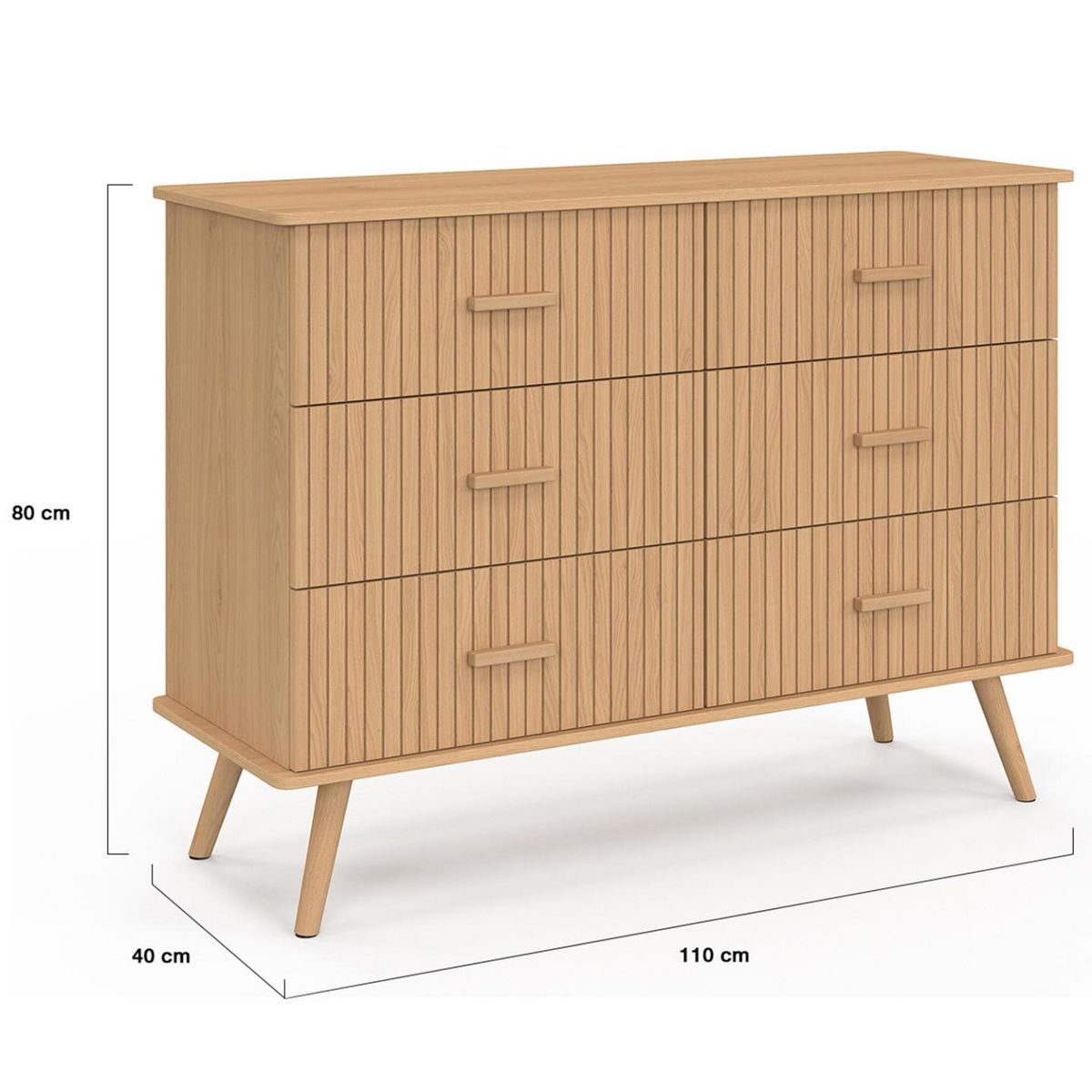 ID MARKET Commode 6 tiroirs JULIETTE 110 cm effet lattes tasseau bois coloris chêne