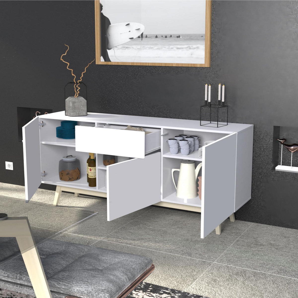 Bahut scandinave 3 portes 1 tiroir L180xP42xH80cm SNOW